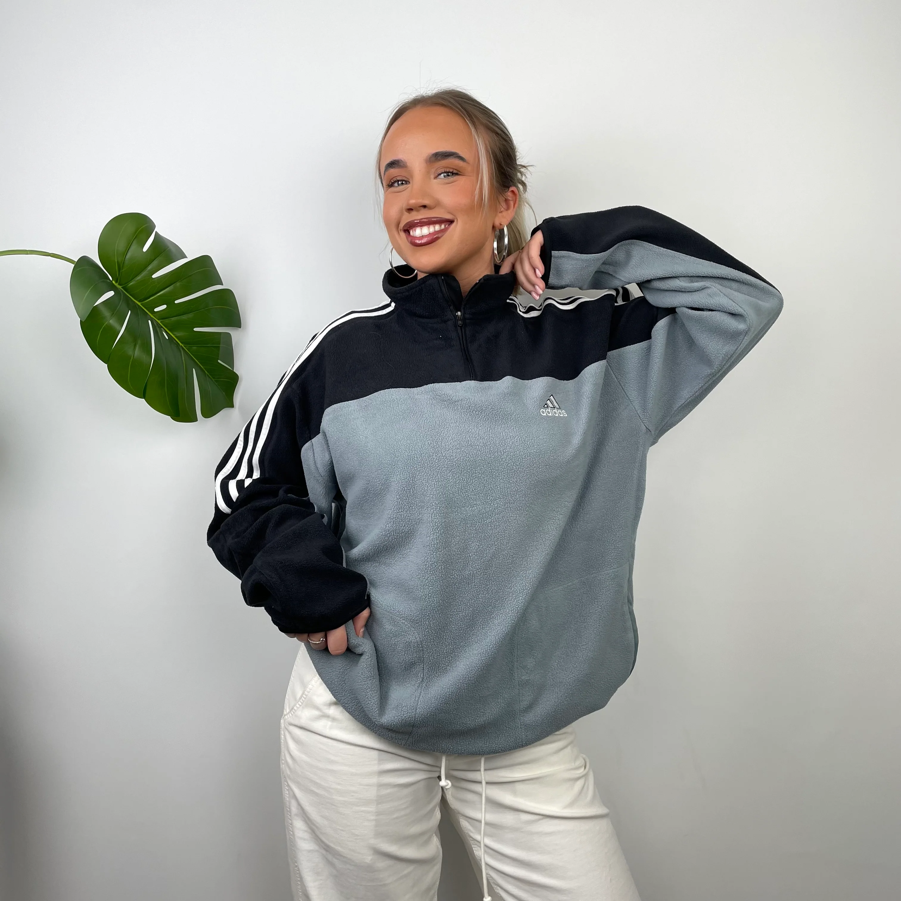 Adidas Grey Embroidered Spell Out Teddy Bear Fleece Quarter Zip Sweatshirt (L)