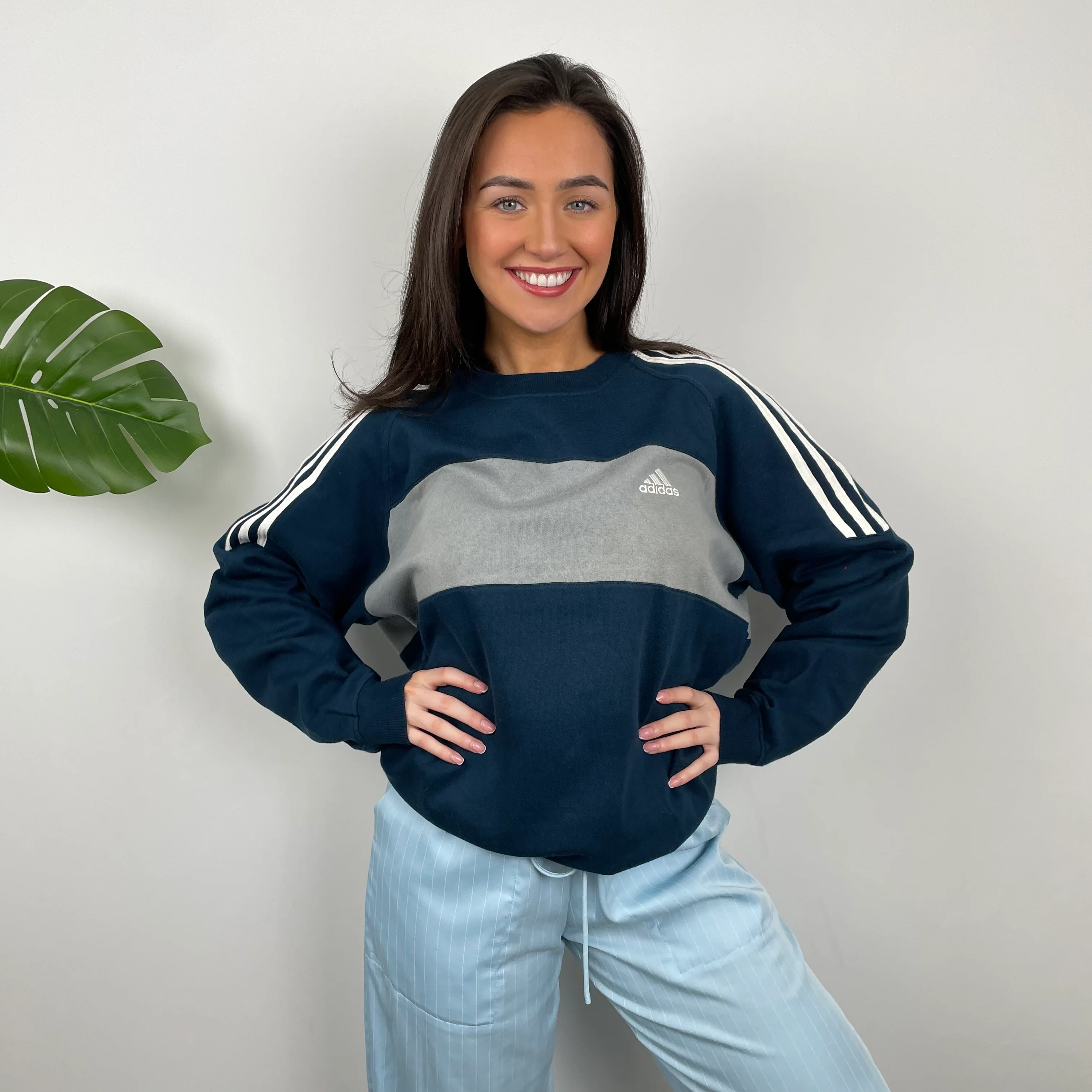 Adidas Grey & Navy Embroidered Spell Out Sweatshirt (L)