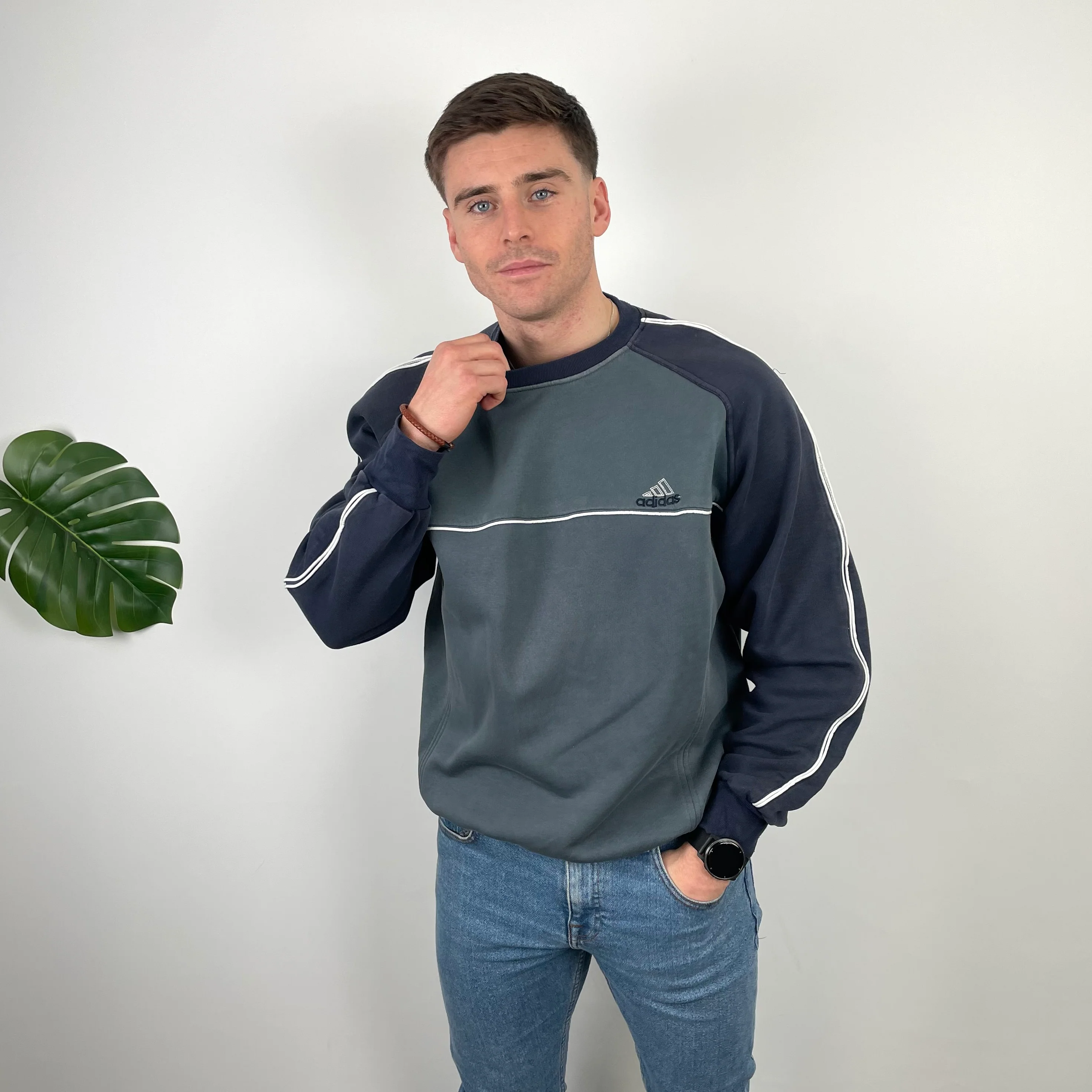 Adidas Grey & Navy Embroidered Spell Out Sweatshirt (M) - Image 5