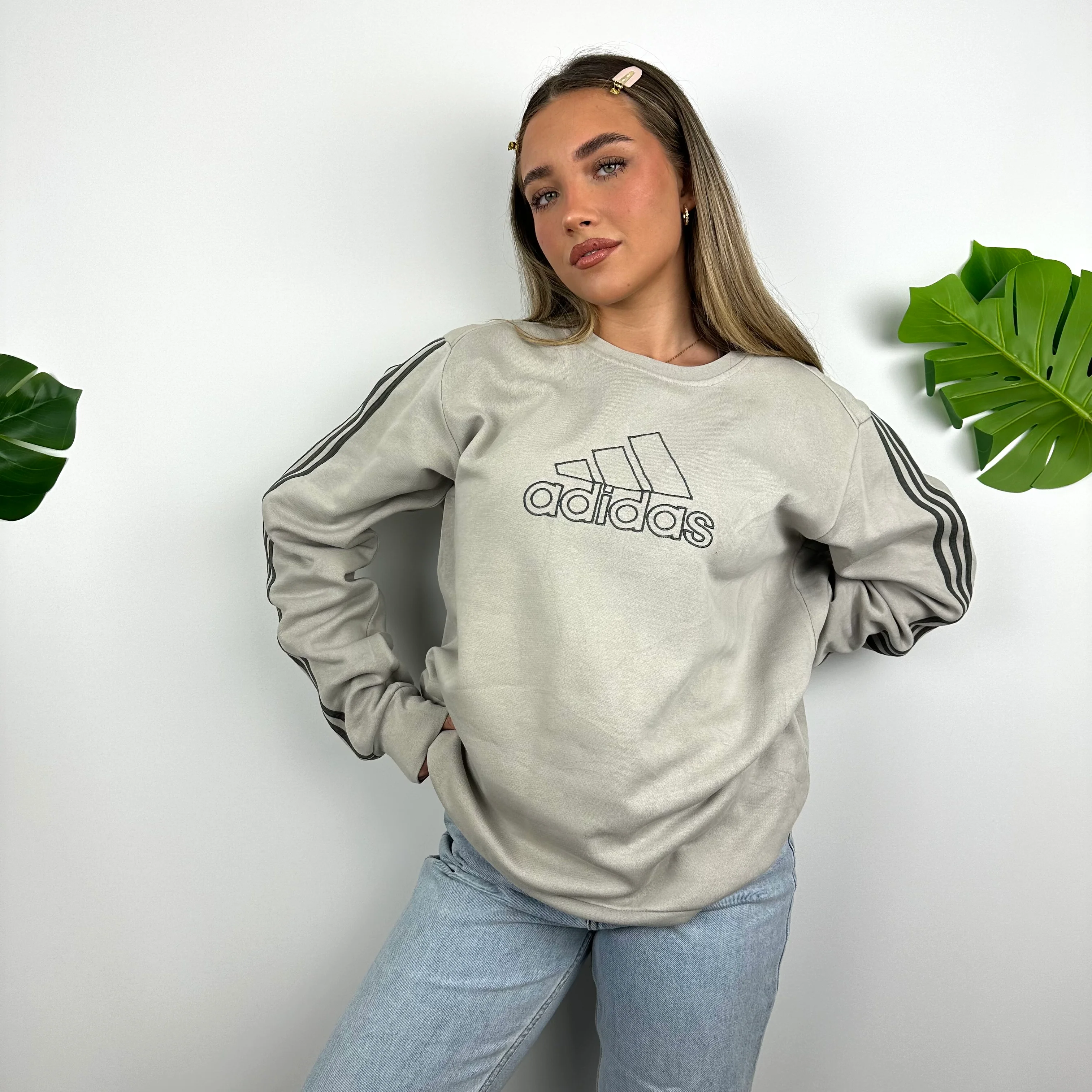 Adidas Grey Embroidered Spell Out Sweatshirt (L) - Image 3