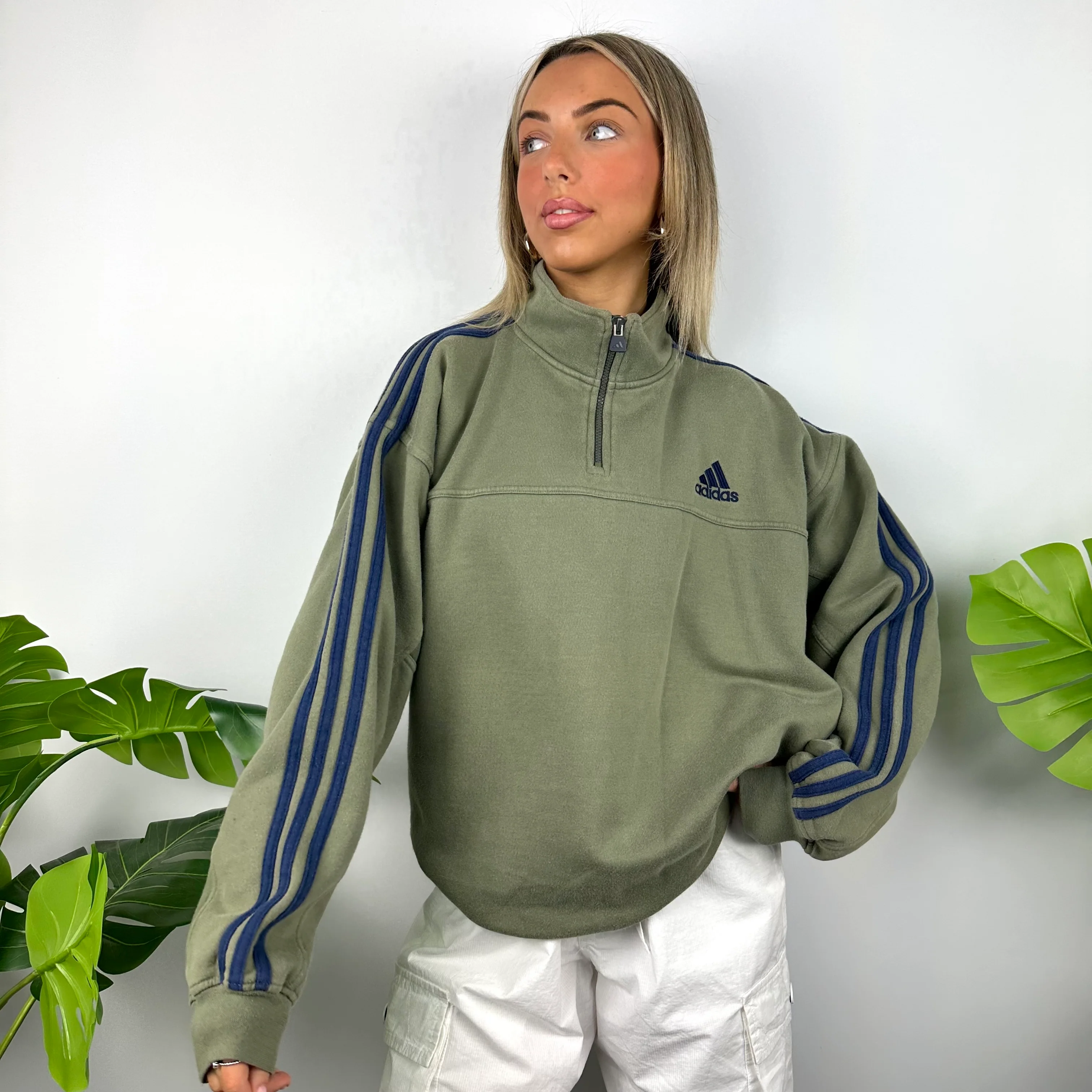 Adidas Khaki Green Embroidered Spell Out Quarter Zip Sweatshirt (XL) - Image 2
