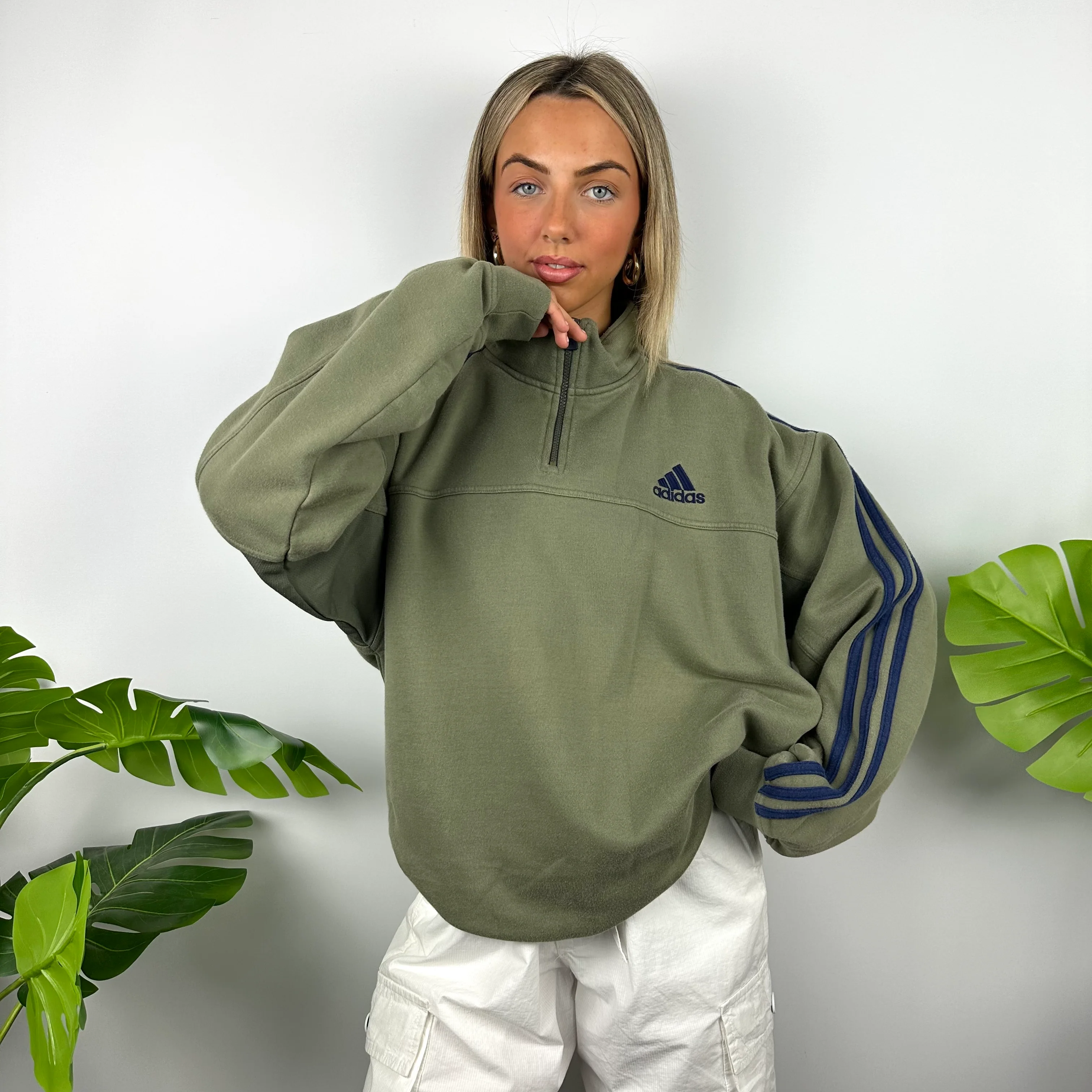 Adidas Khaki Green Embroidered Spell Out Quarter Zip Sweatshirt (XL) - Image 3