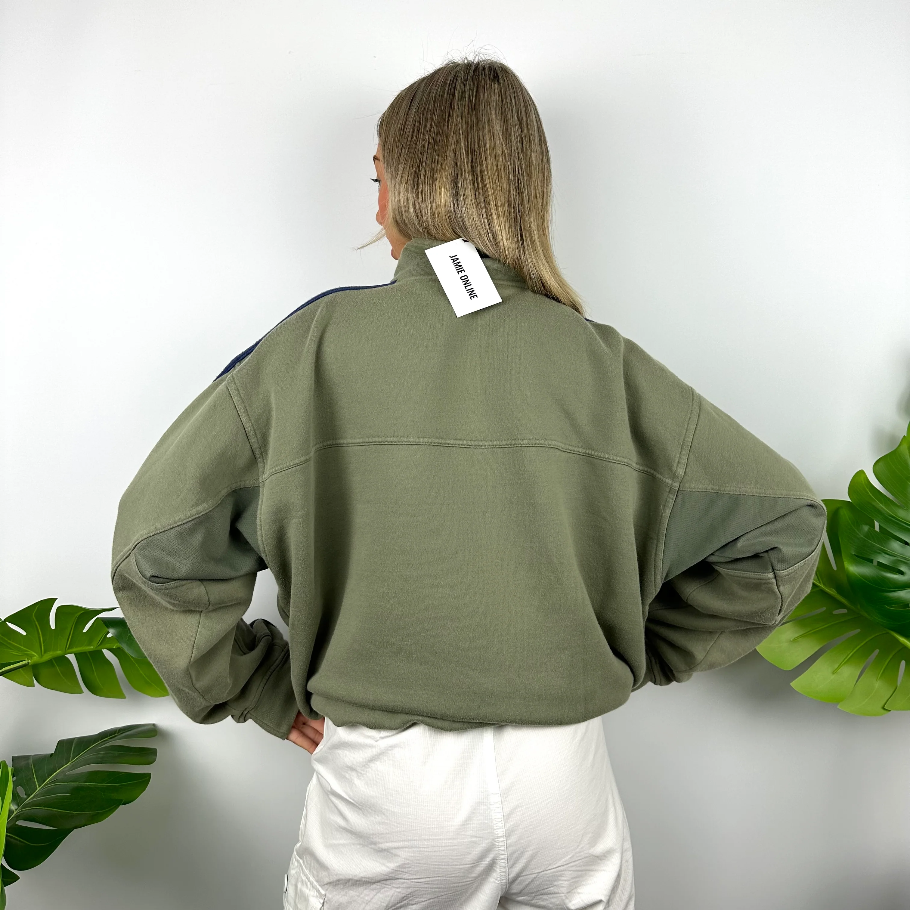 Adidas Khaki Green Embroidered Spell Out Quarter Zip Sweatshirt (XL) - Image 4