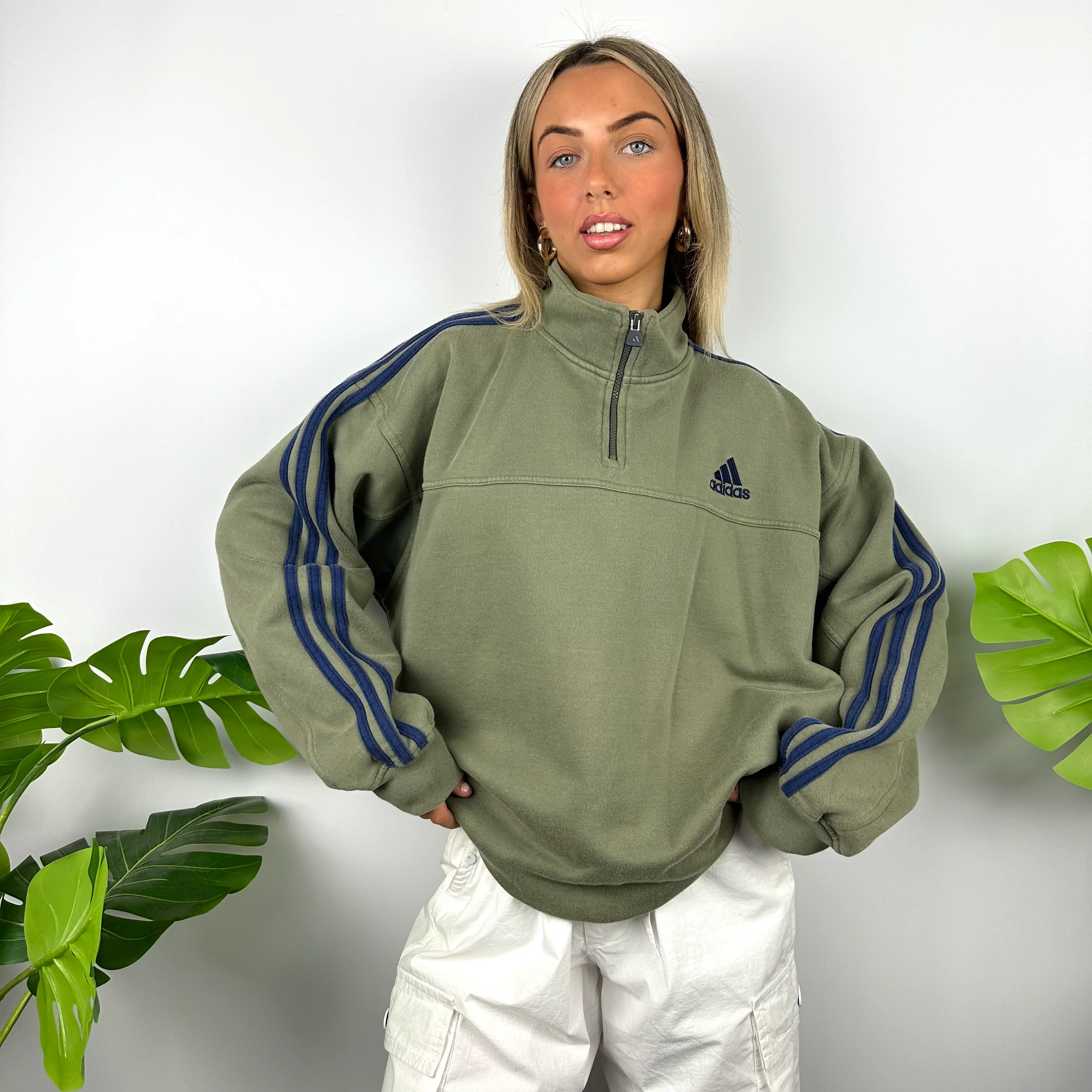 Adidas Khaki Green Embroidered Spell Out Quarter Zip Sweatshirt (XL) - Image 7