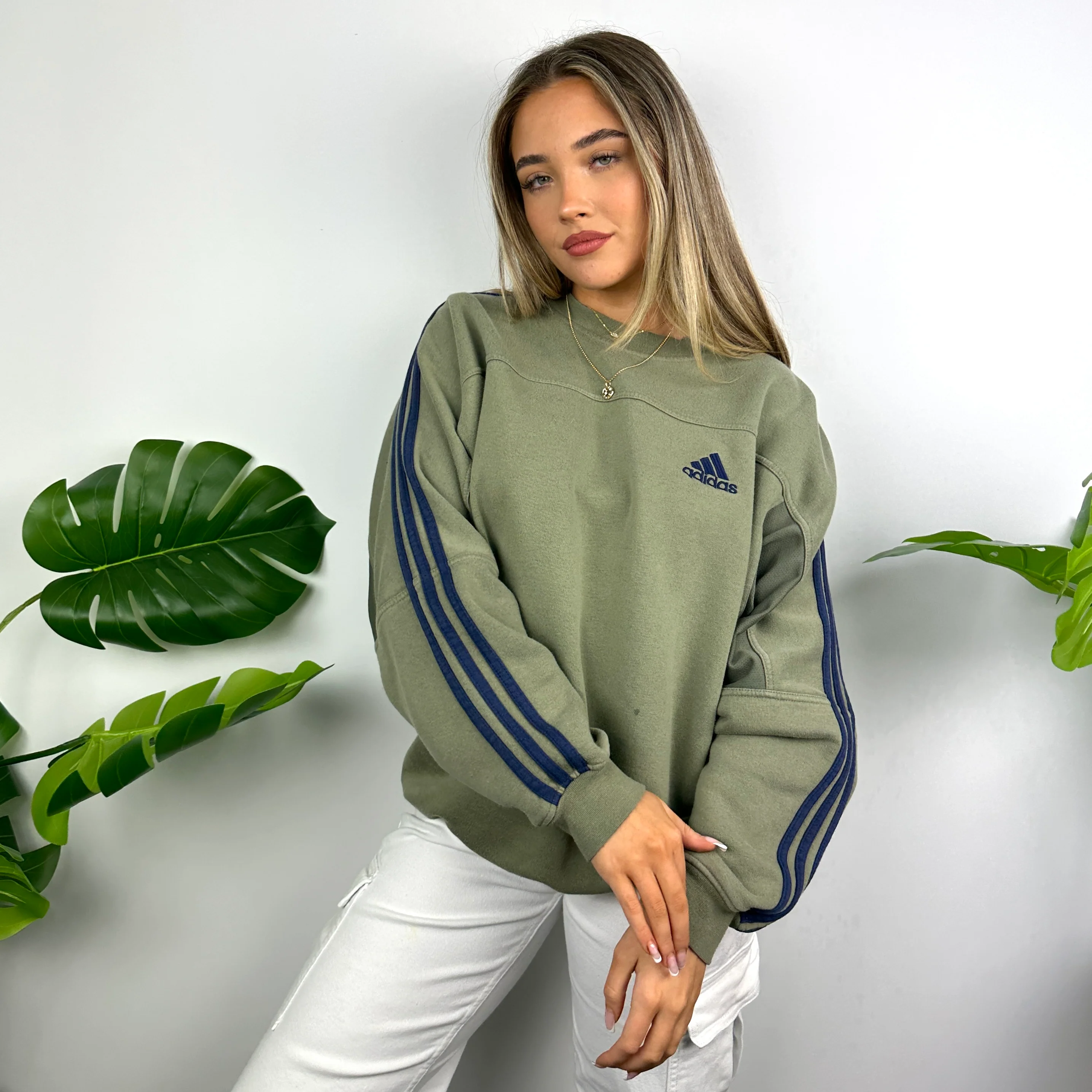 Adidas Khaki Green Embroidered Spell Out Sweatshirt (L)