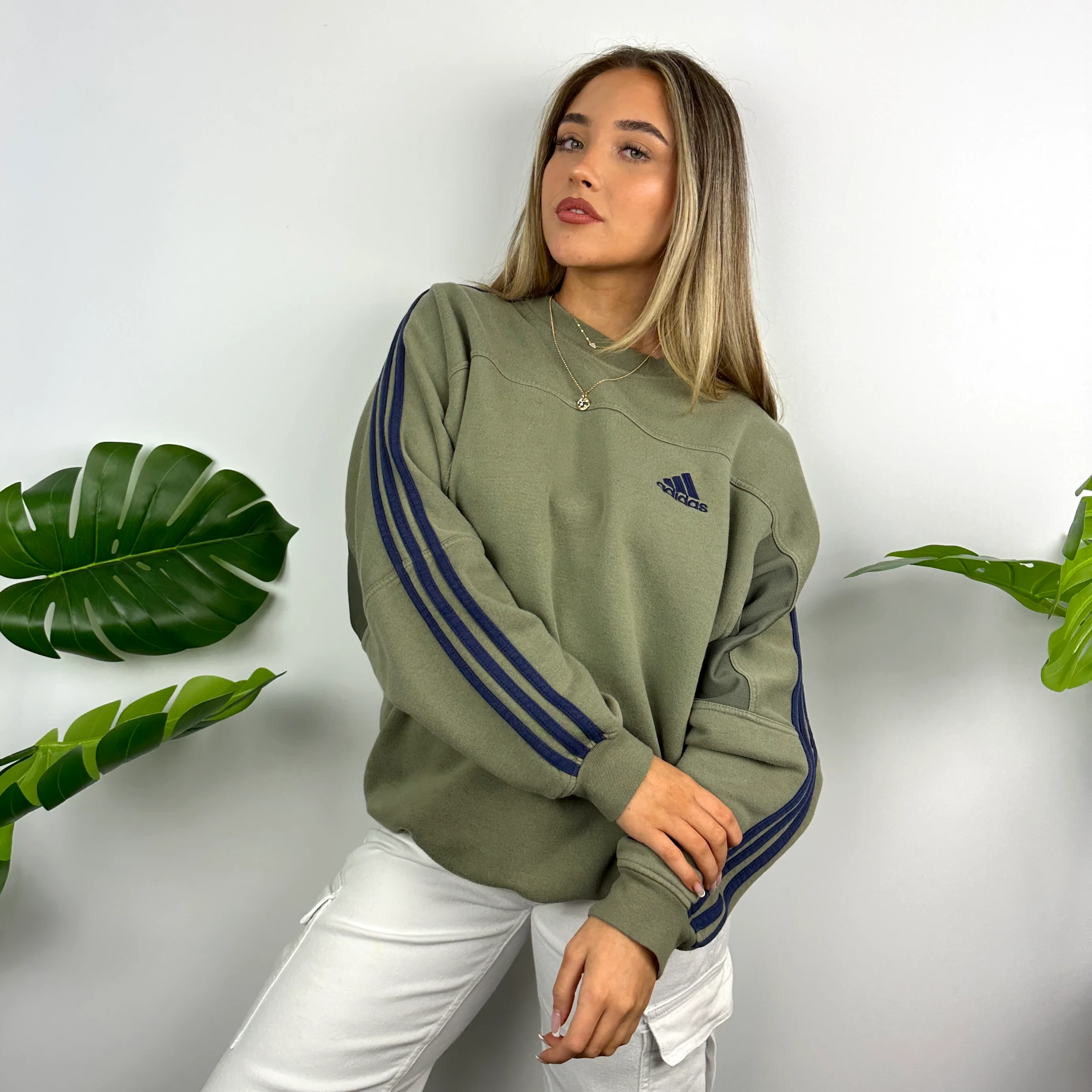 Adidas Khaki Green Embroidered Spell Out Sweatshirt (L) - Image 3