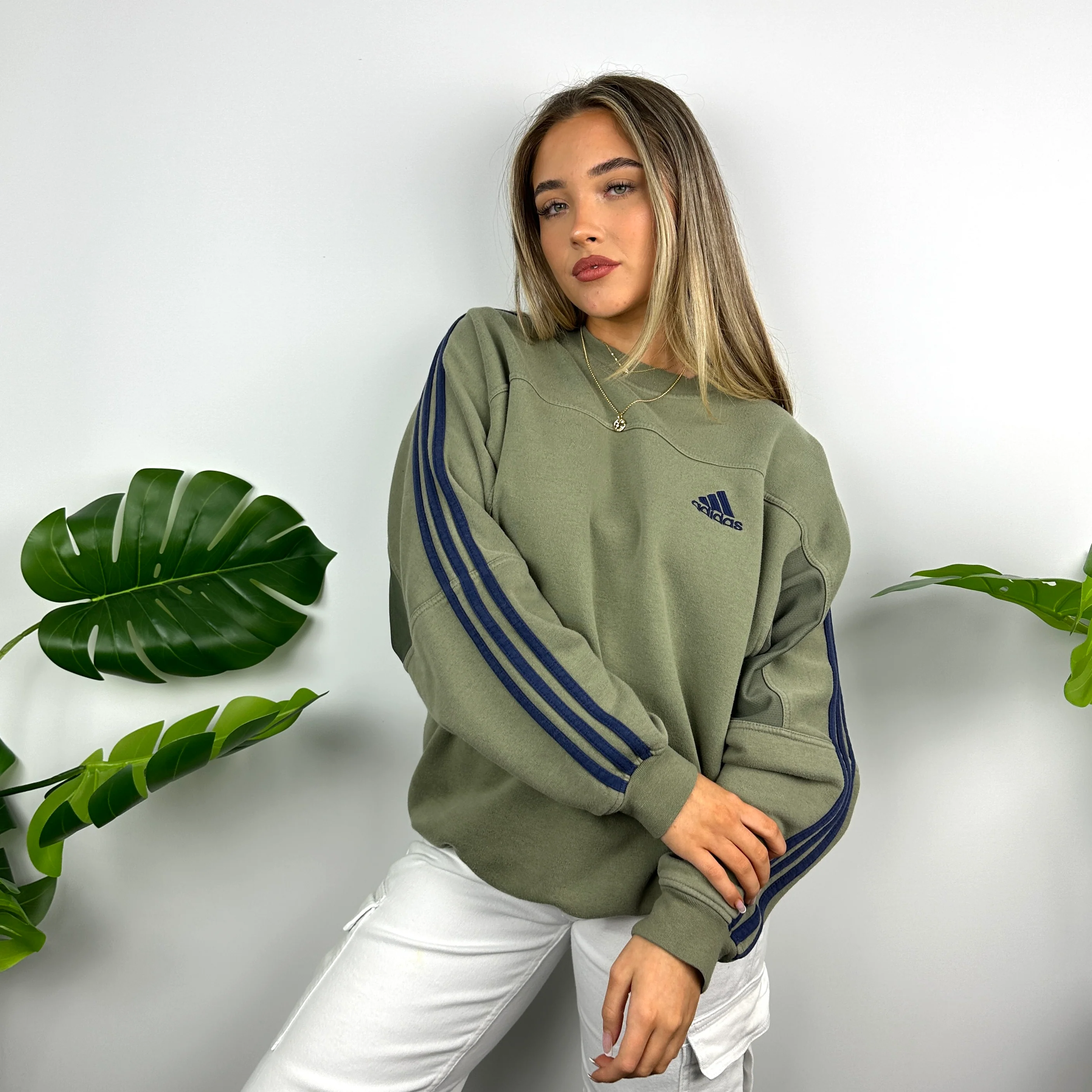 Adidas Khaki Green Embroidered Spell Out Sweatshirt (L) - Image 6