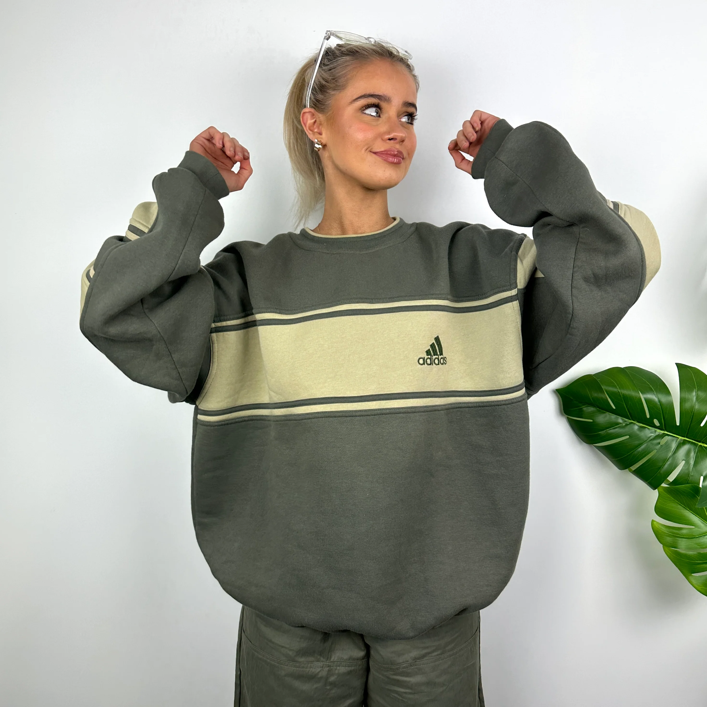 Adidas Khaki Green Embroidered Spell Out Sweatshirt (L)