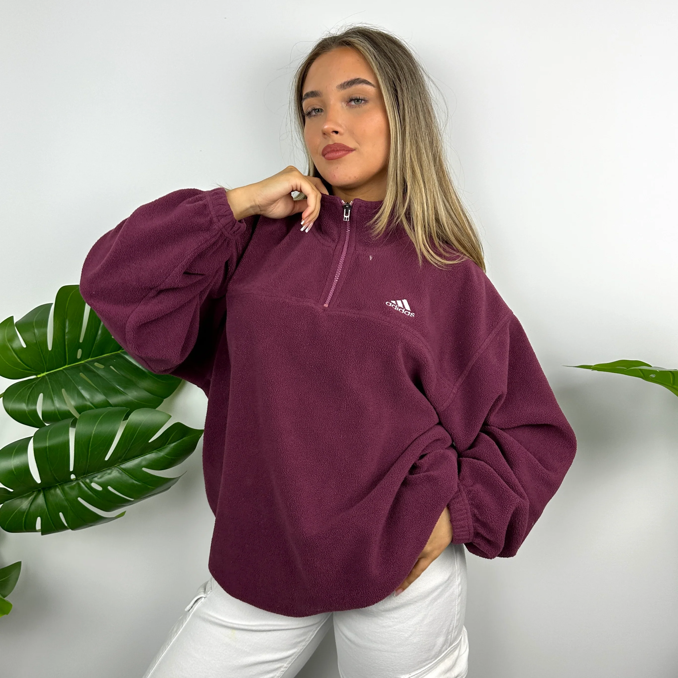 Adidas Maroon Embroidered Spell Out Teddy Bear Fleece Quarter Zip Sweatshirt (M) - Image 3