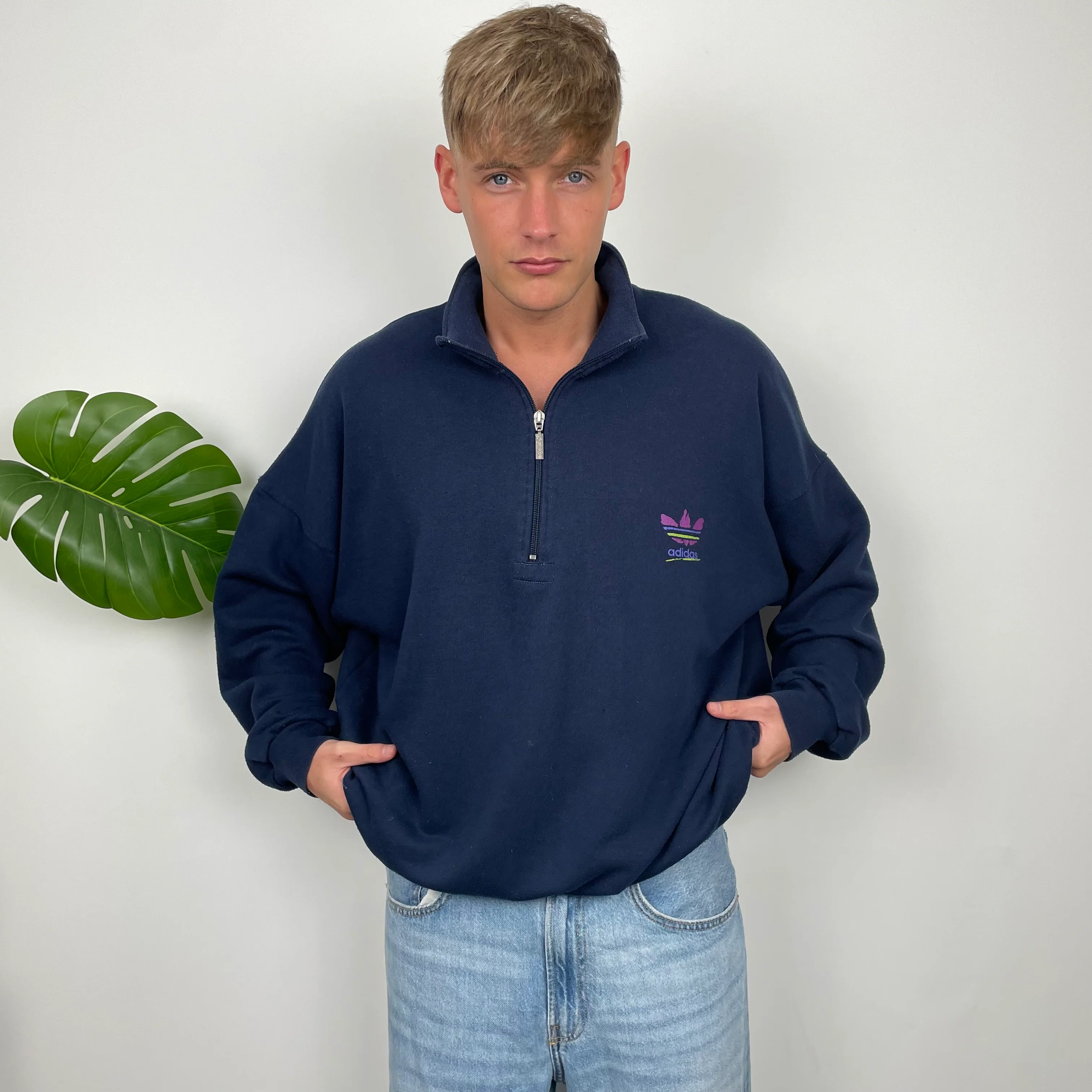 Adidas Navy Embroidered Spell Out Quarter Zip Sweatshirt (L) - Image 3
