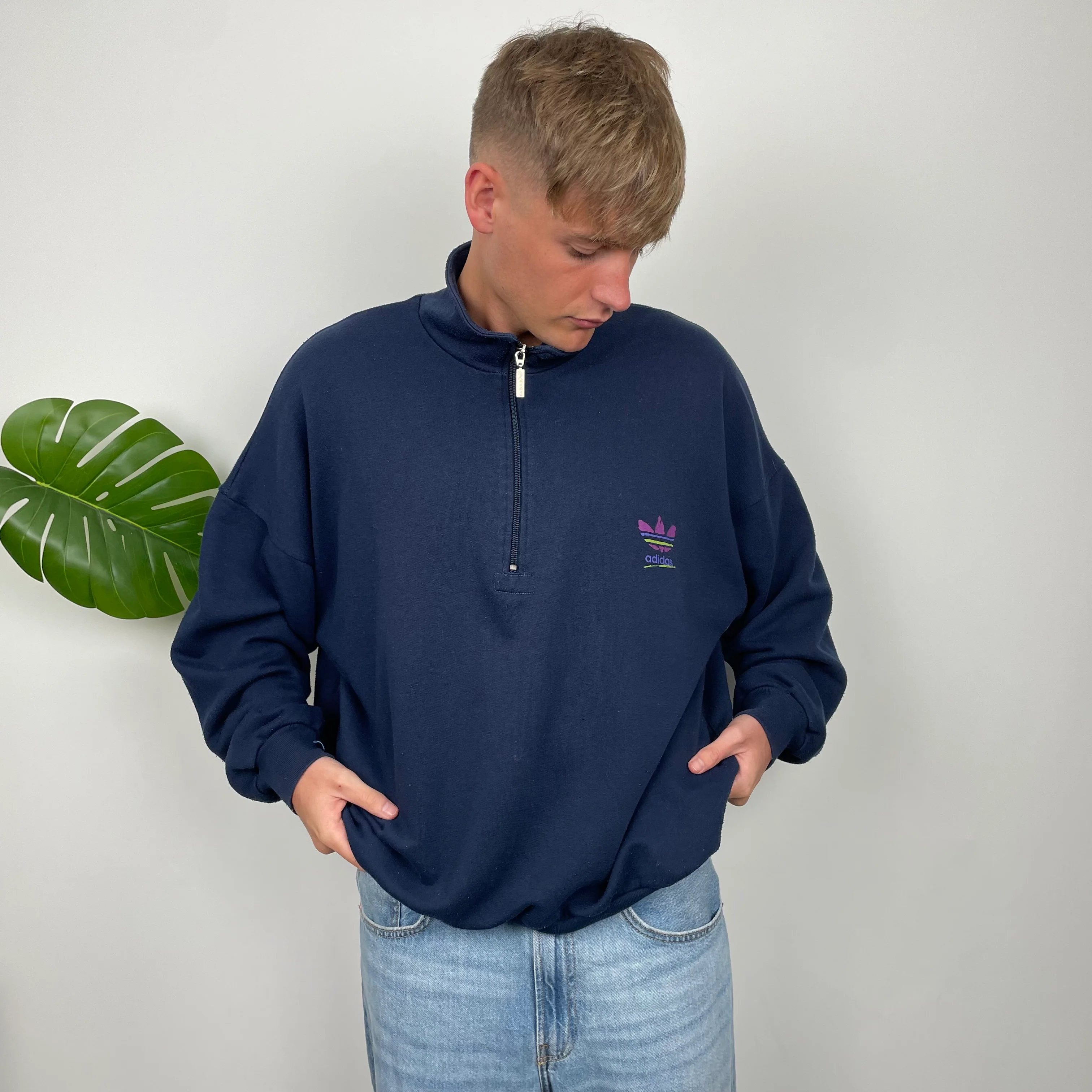 Adidas Navy Embroidered Spell Out Quarter Zip Sweatshirt (L) - Image 4
