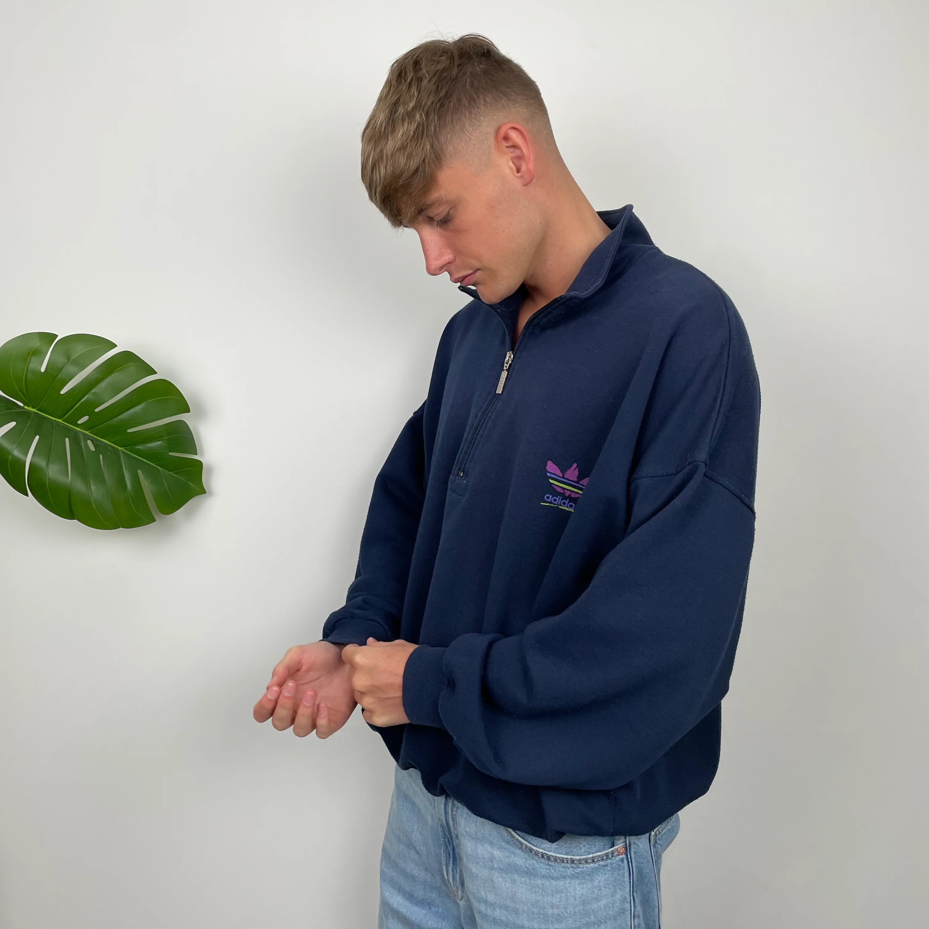 Adidas Navy Embroidered Spell Out Quarter Zip Sweatshirt (L) - Image 5