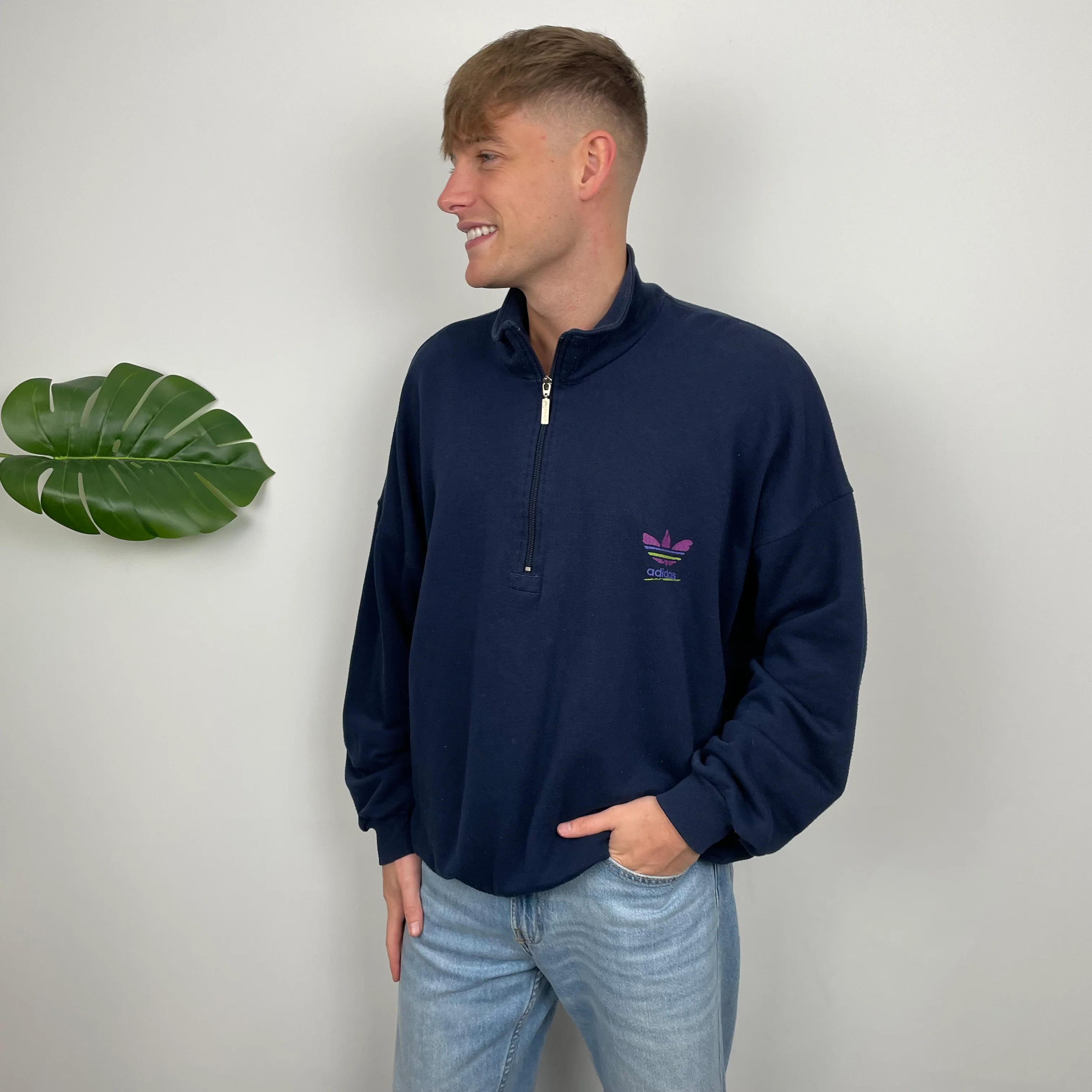 Adidas Navy Embroidered Spell Out Quarter Zip Sweatshirt (L) - Image 2