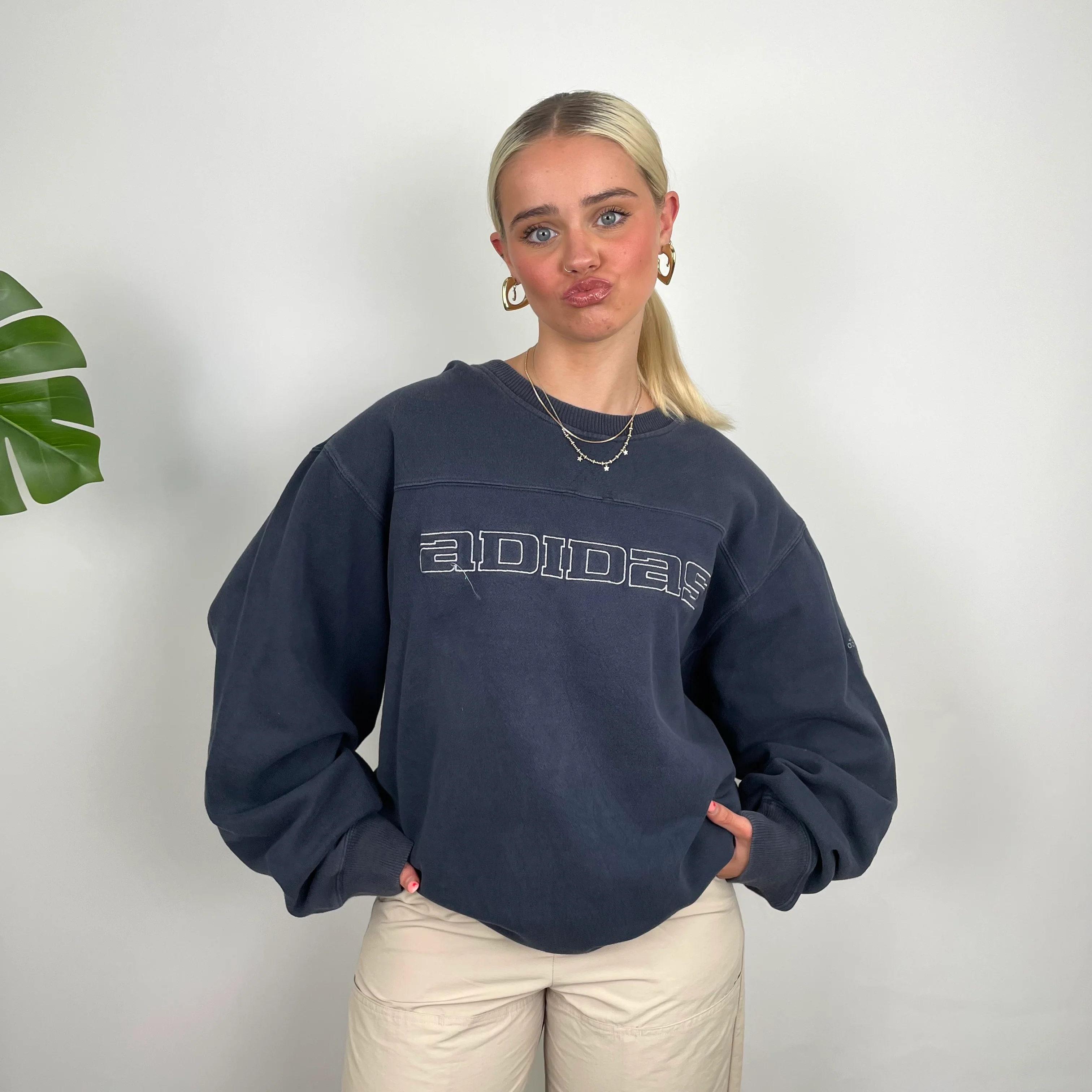 Adidas Navy Embroidered Spell Out Sweatshirt (XL) - Image 3