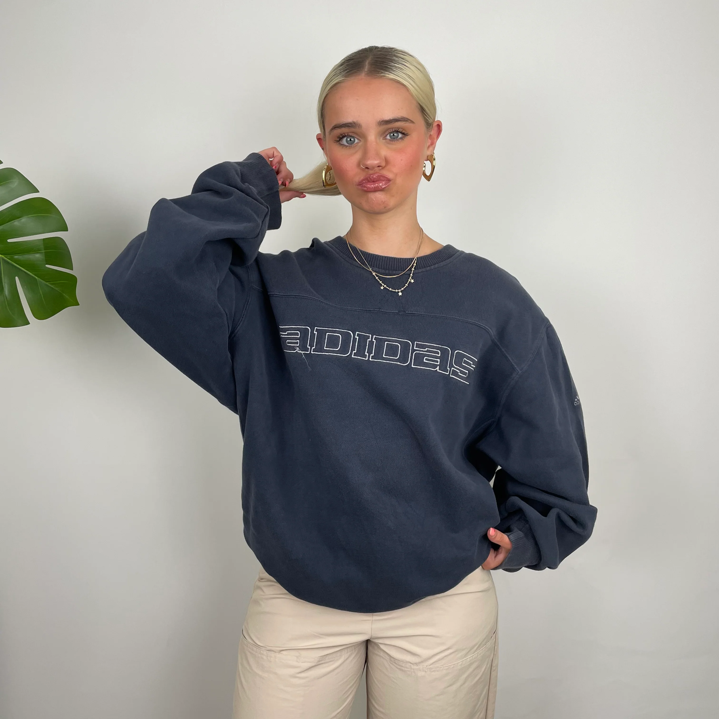 Adidas Navy Embroidered Spell Out Sweatshirt (XL) - Image 4
