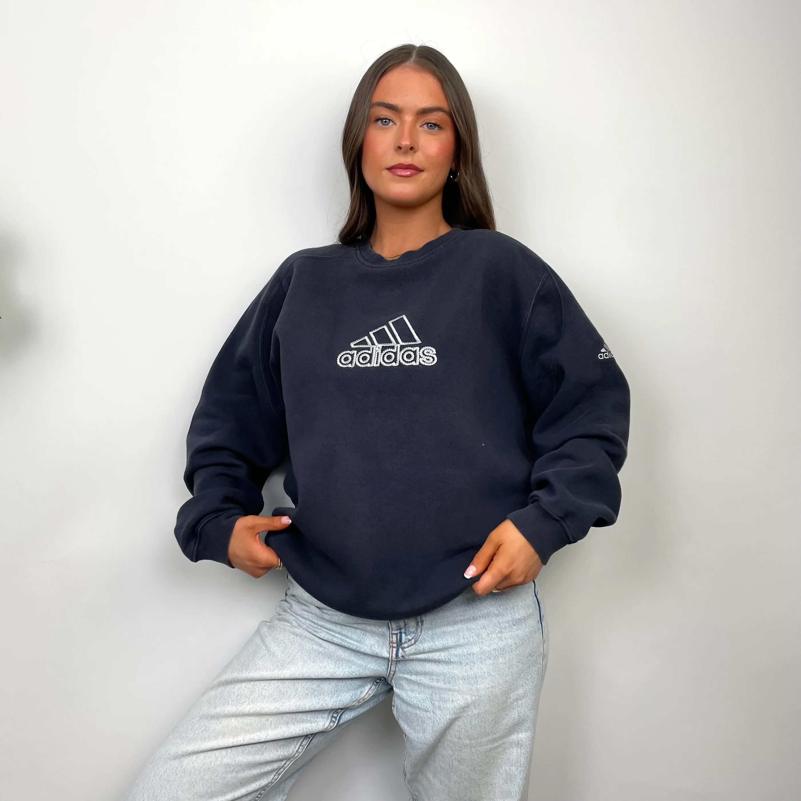 Adidas Navy Embroidered Spell Out Sweatshirt (L) - Image 3