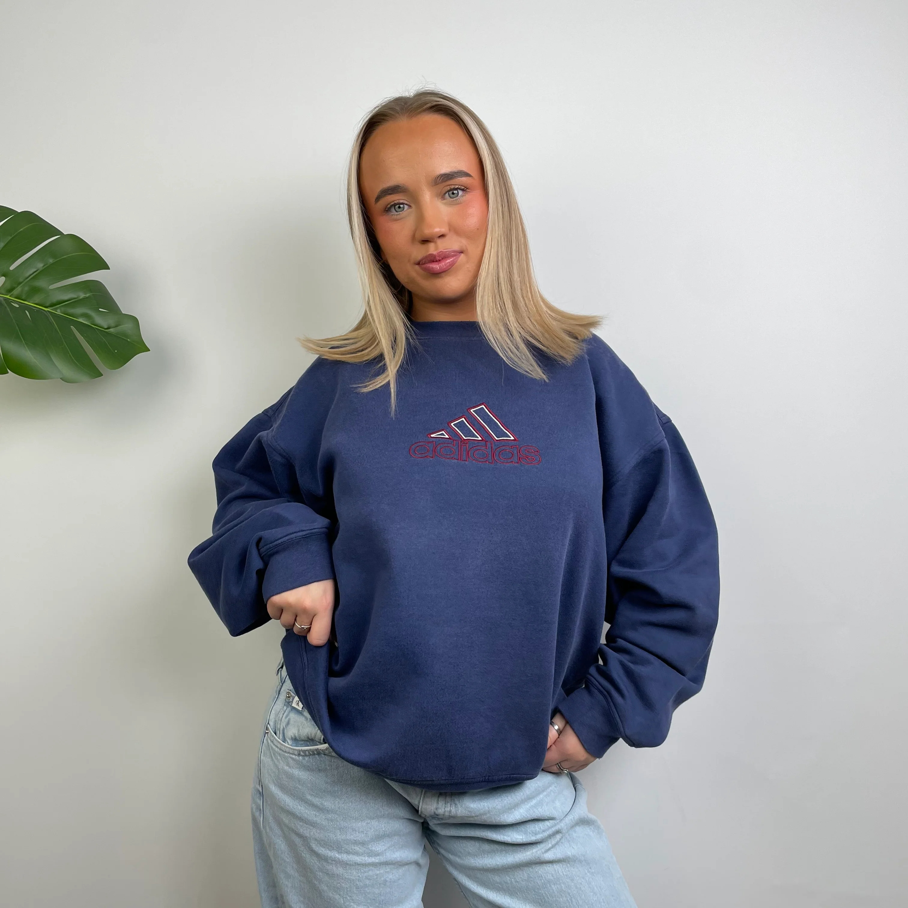 Adidas Navy Embroidered Spell Out Sweatshirt (S) - Image 4