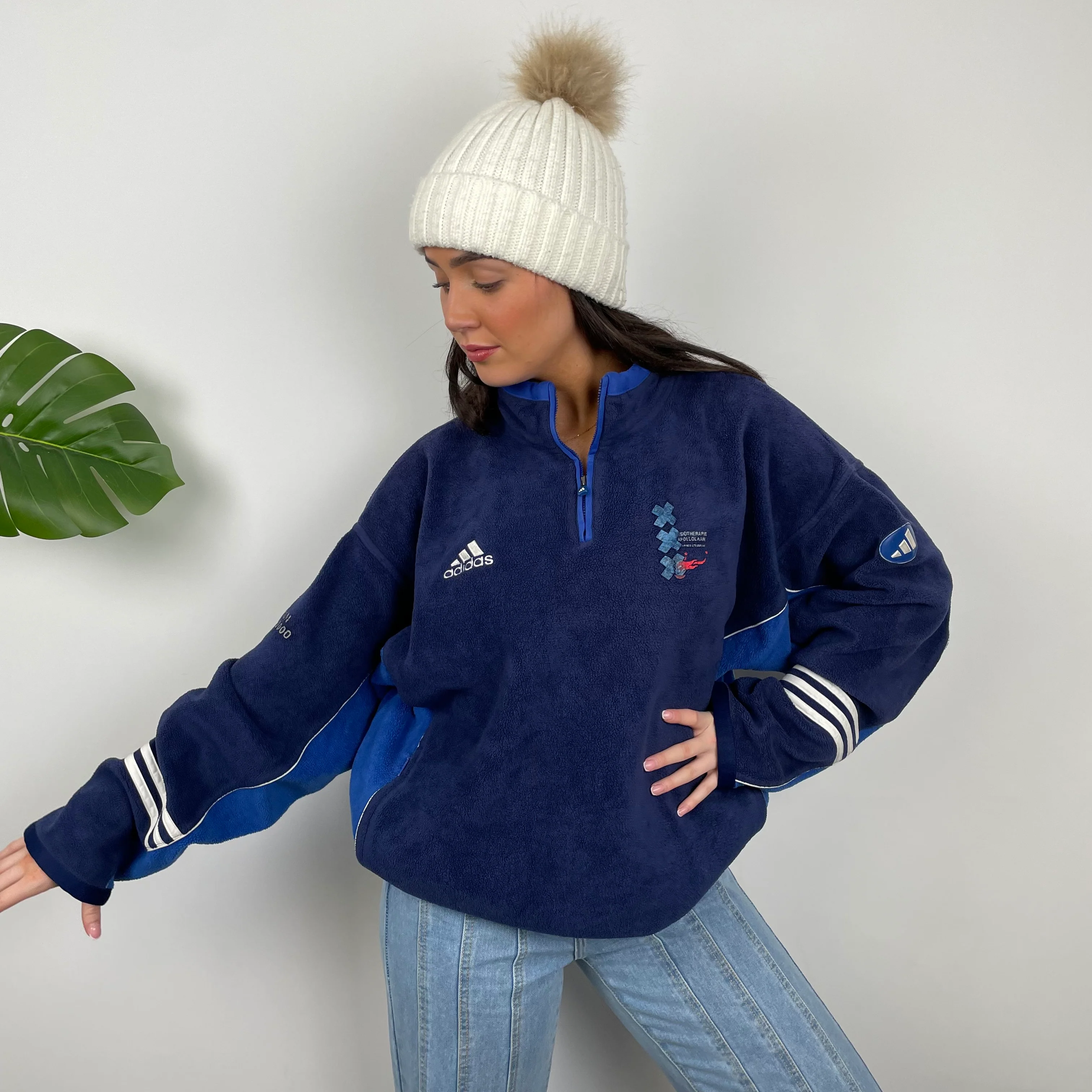 Adidas Navy Embroidered Spell Out Teddy Bear Fleece Quarter Zip Sweatshirt (L) - Image 6
