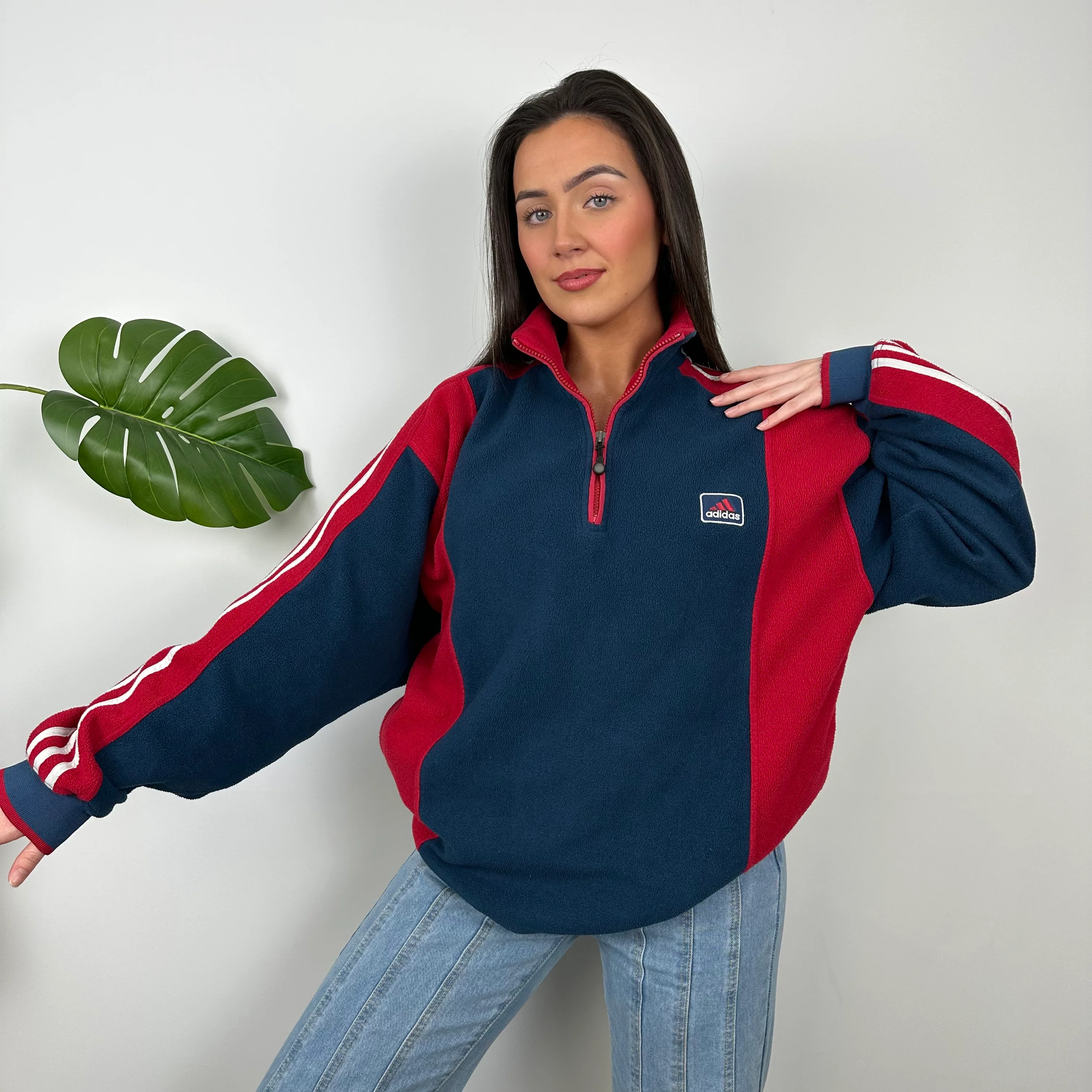 Adidas Navy Embroidered Spell Out Teddy Bear Fleece Quarter Zip Sweatshirt (L)
