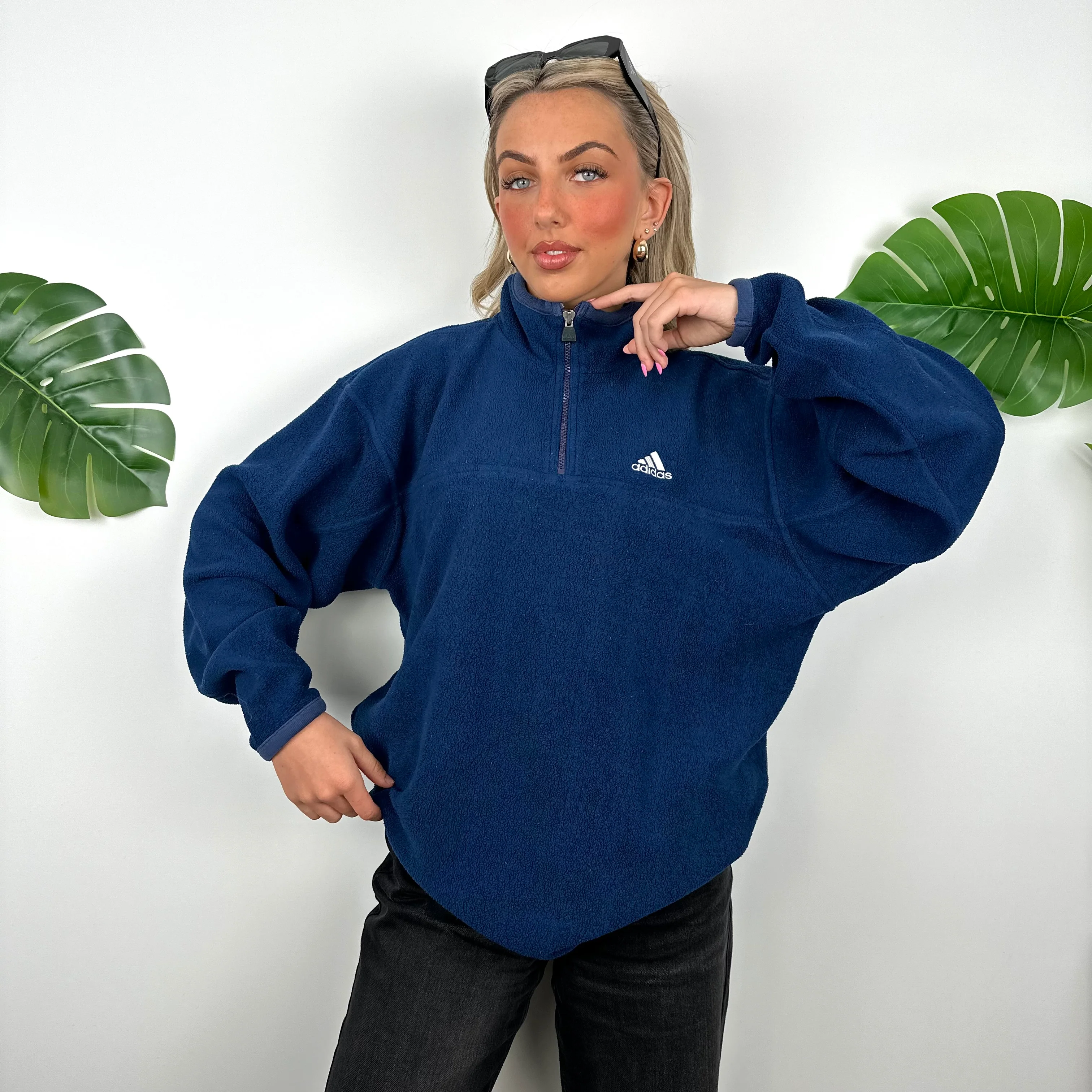 Adidas Navy Embroidered Spell Out Teddy Bear Fleece Quarter Zip Sweatshirt (M) - Image 2