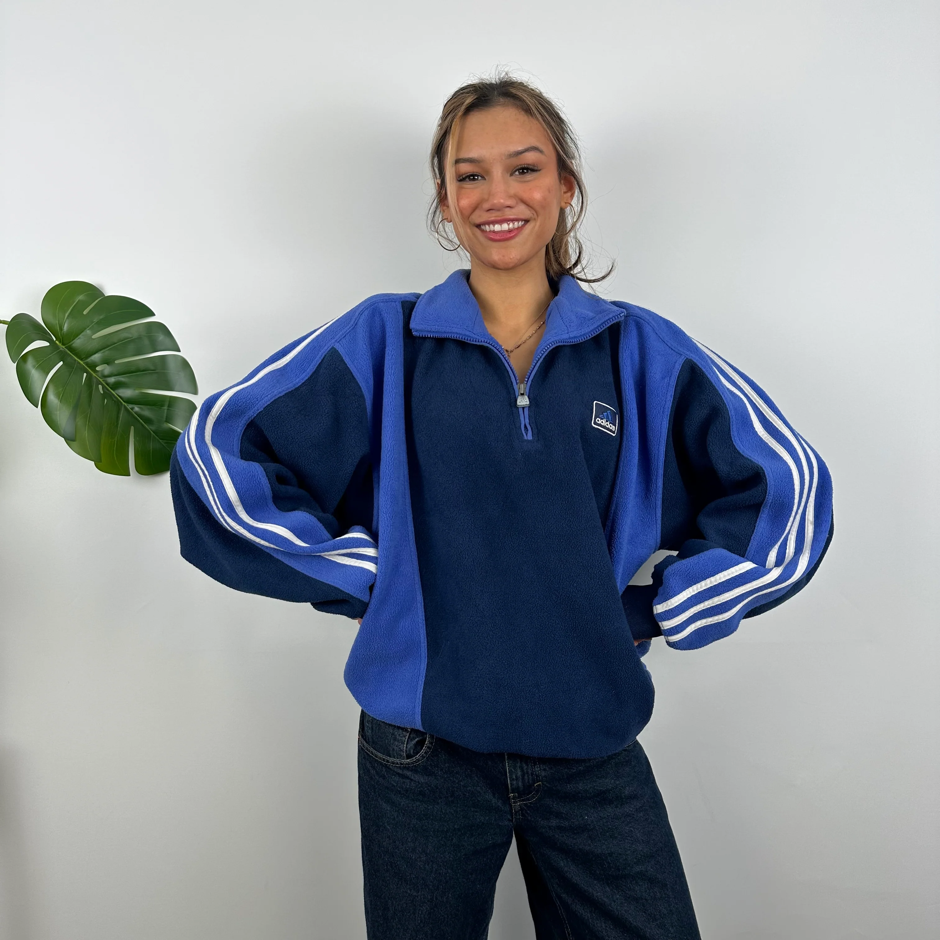 Adidas Navy Embroidered Spell Out Teddy Bear Fleece Quarter Zip Sweatshirt (L)