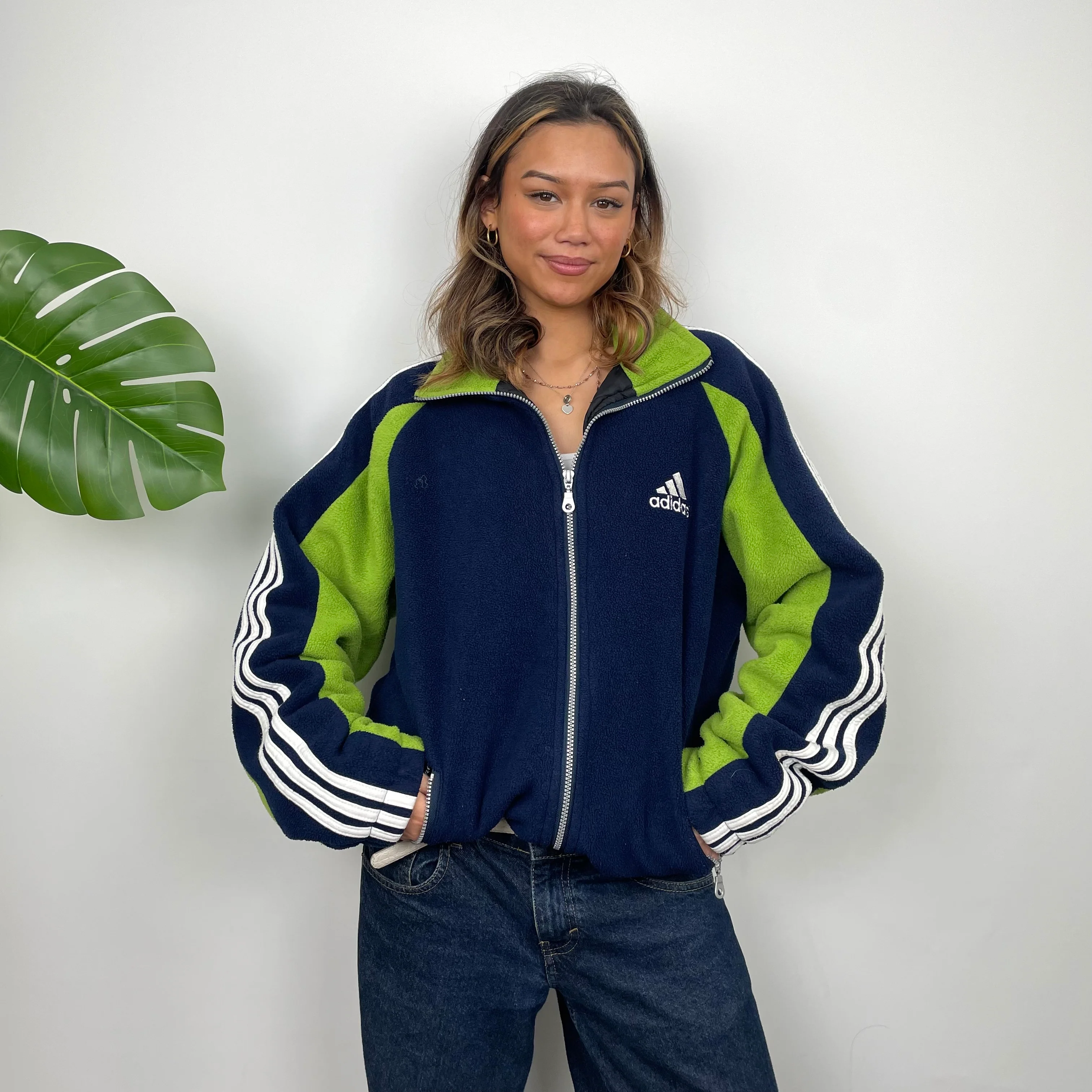 Adidas Navy Embroidered Spell Out Teddy Bear Fleece Zip Up Jacket (L)