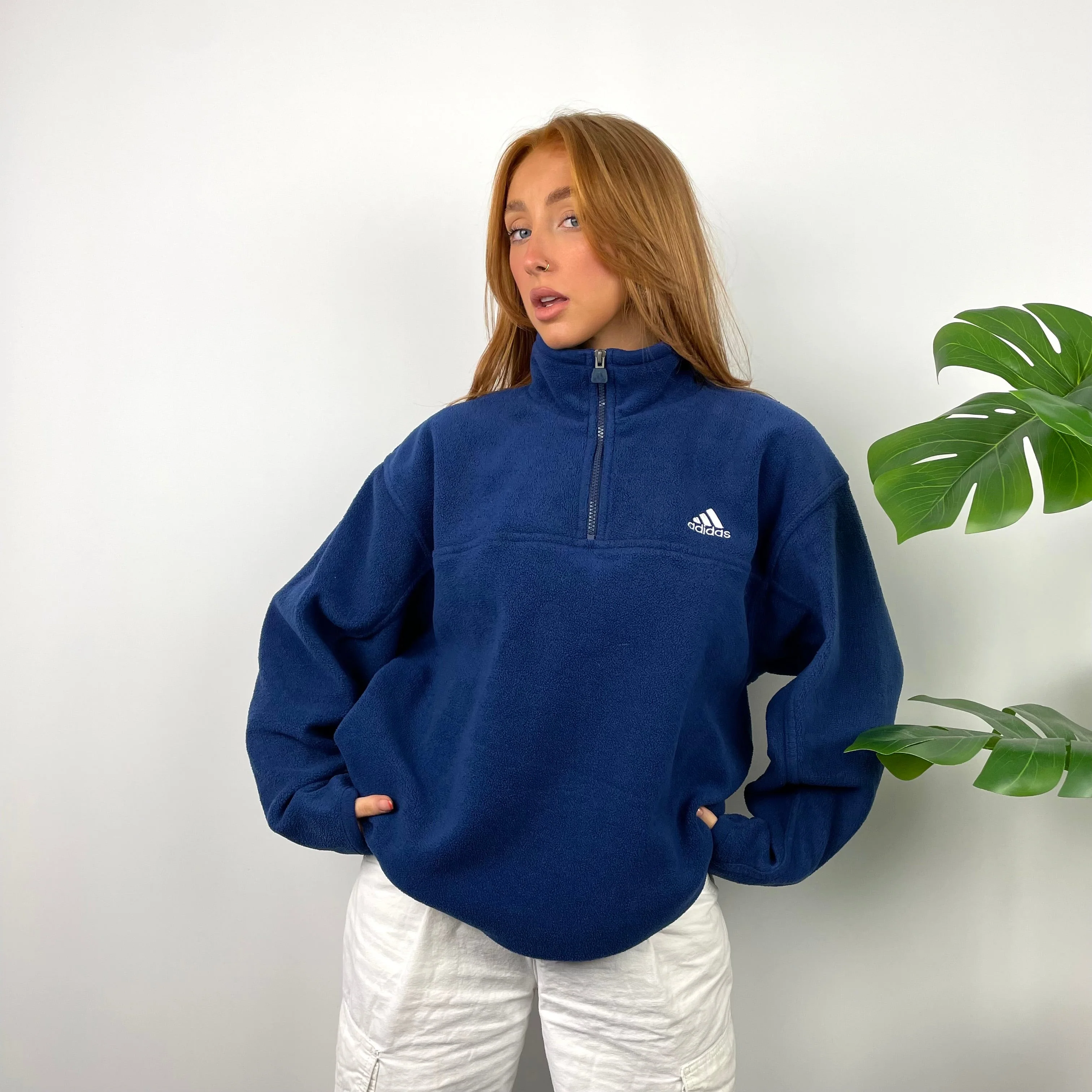 Adidas Navy Embroidered Spell Out Teddy Bear Fleece Quarter Zip Sweatshirt (L) - Image 6