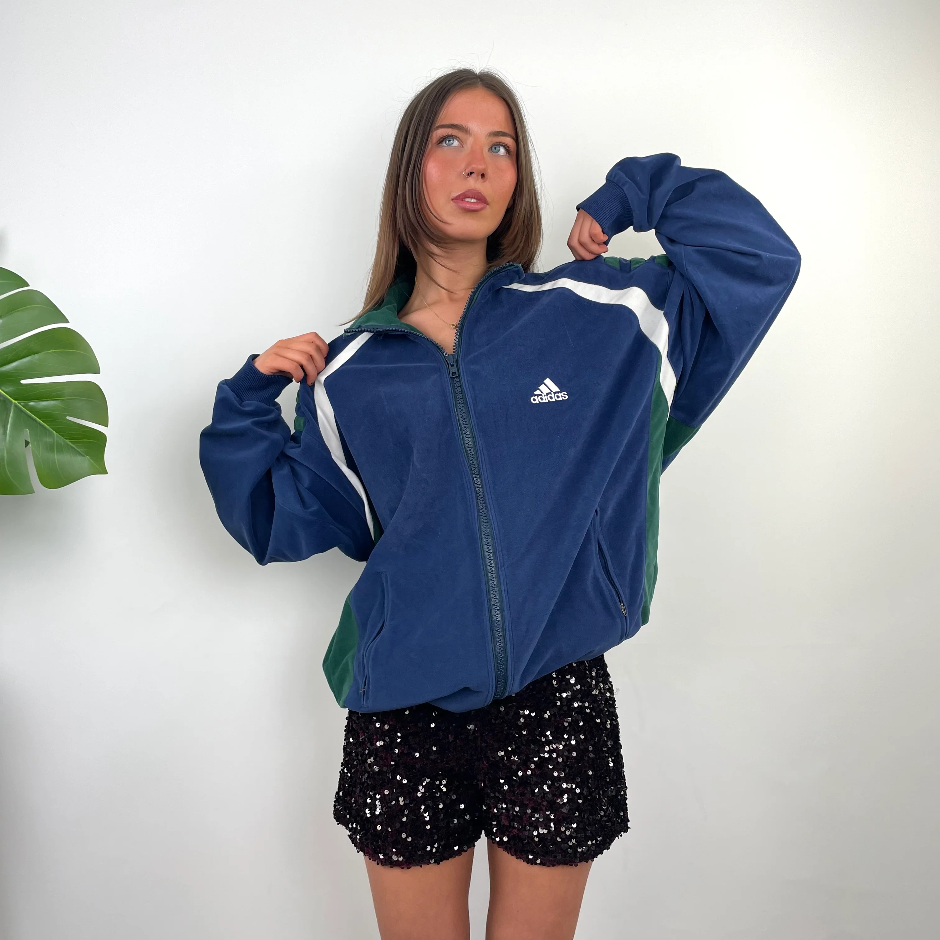 Adidas Navy Embroidered Spell Out Teddy Bear Fleece Quarter Zip Up Jacket (L) - Image 2