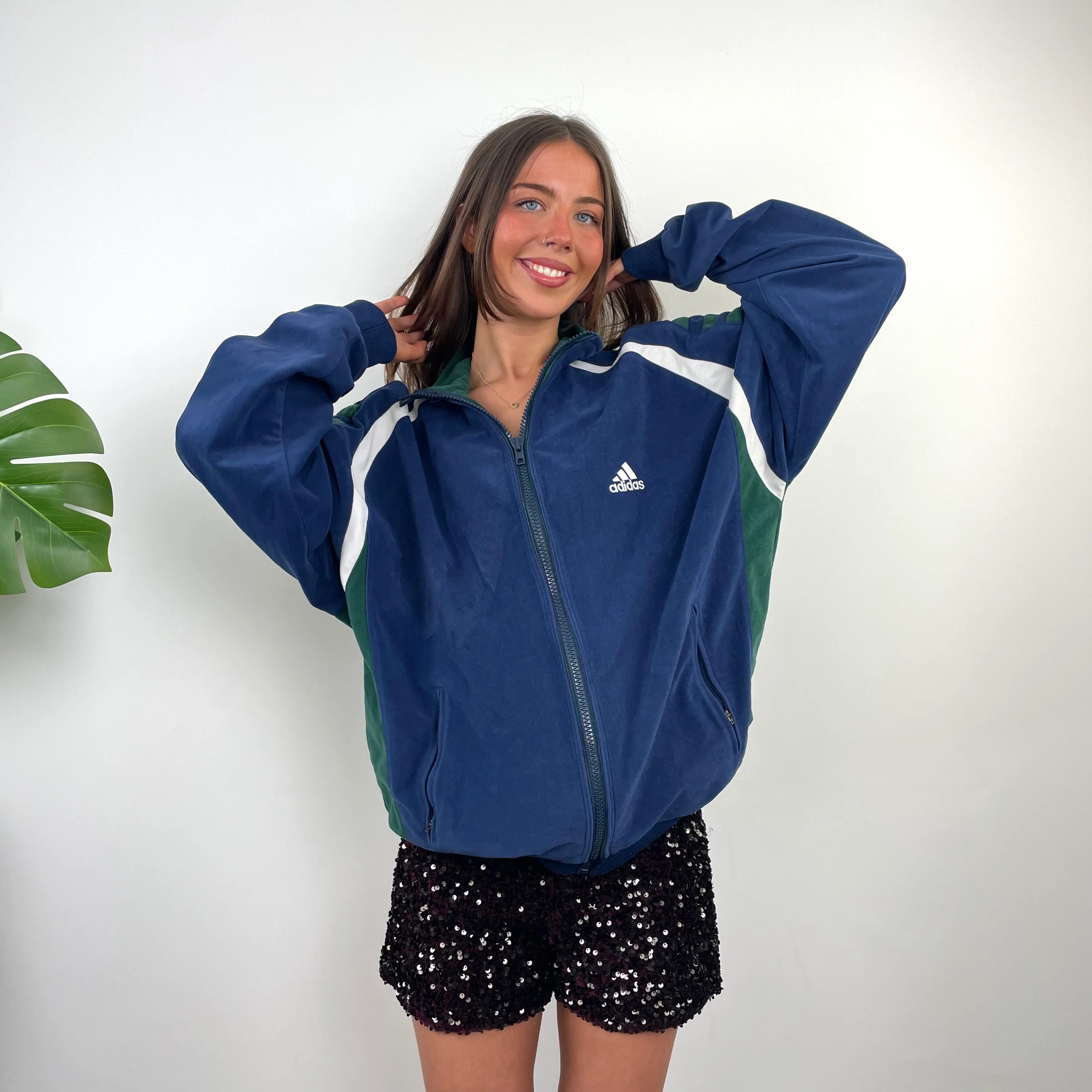 Adidas Navy Embroidered Spell Out Teddy Bear Fleece Quarter Zip Up Jacket (L) - Image 4