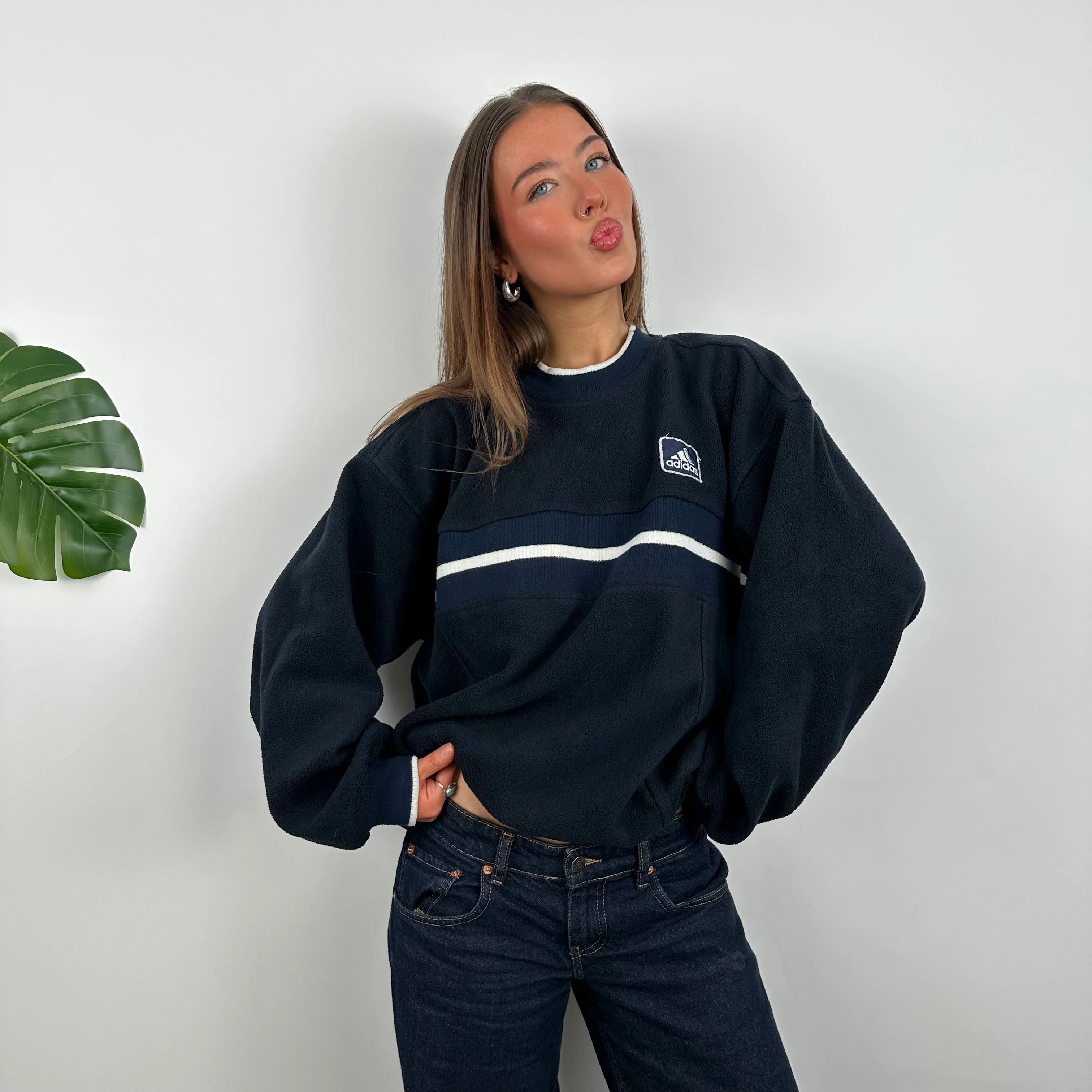 Adidas Navy Embroidered Spell Out Teddy Bear Fleece Sweatshirt (L)