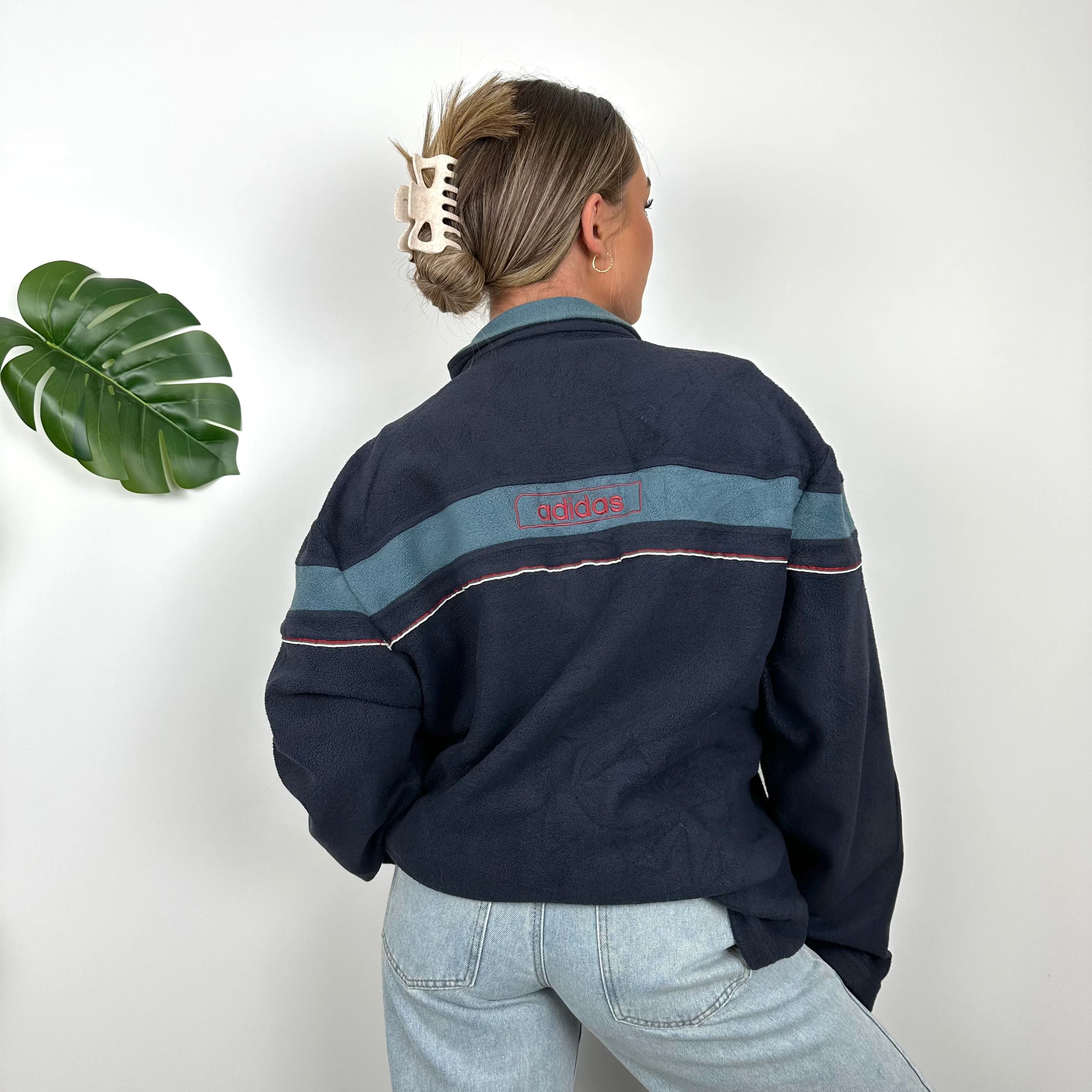 Adidas Navy Embroidered Spell Out Teddy Bear Fleece Zip Up Jacket (L) - Image 3