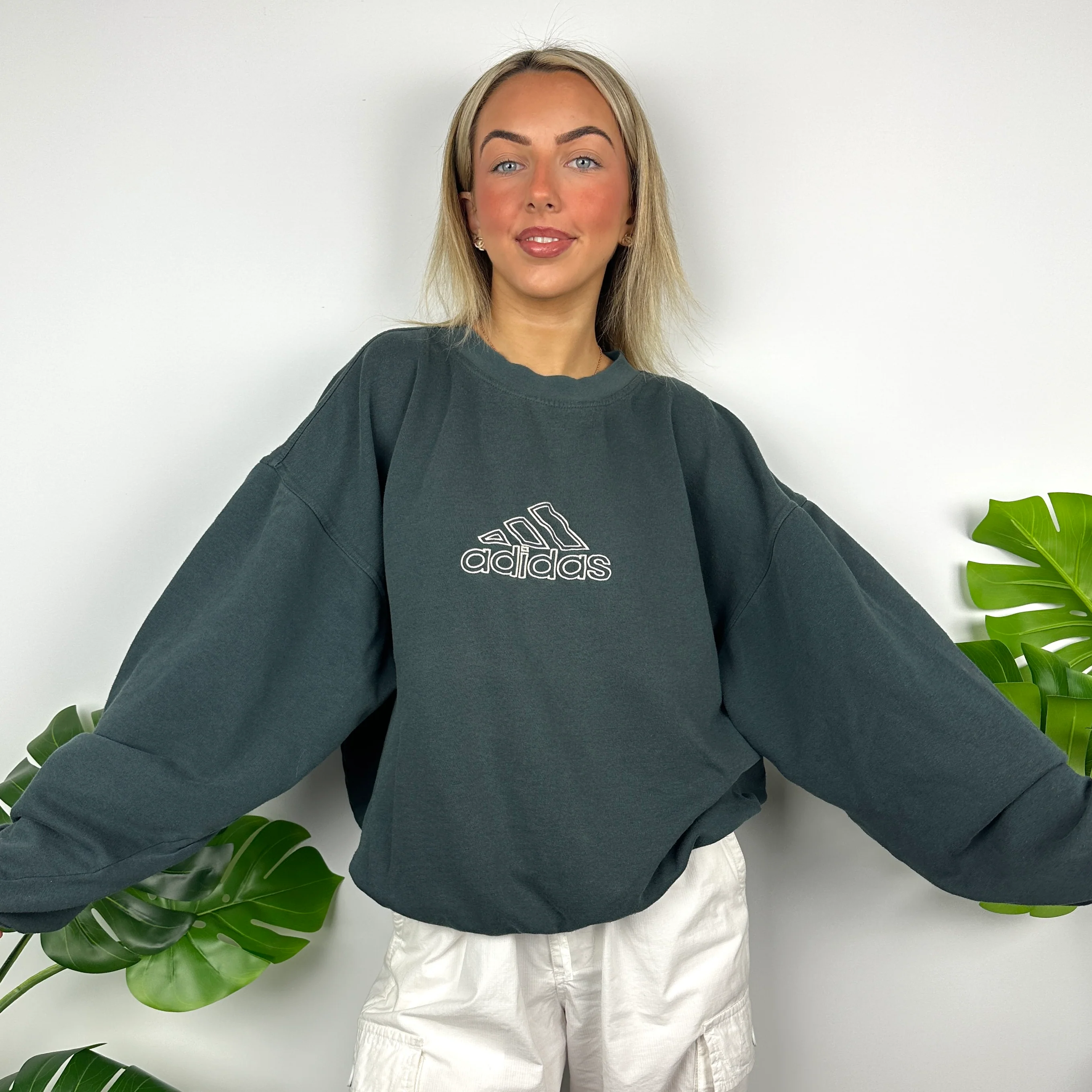 Adidas Green Embroidered Spell Out Sweatshirt (L) - Image 2
