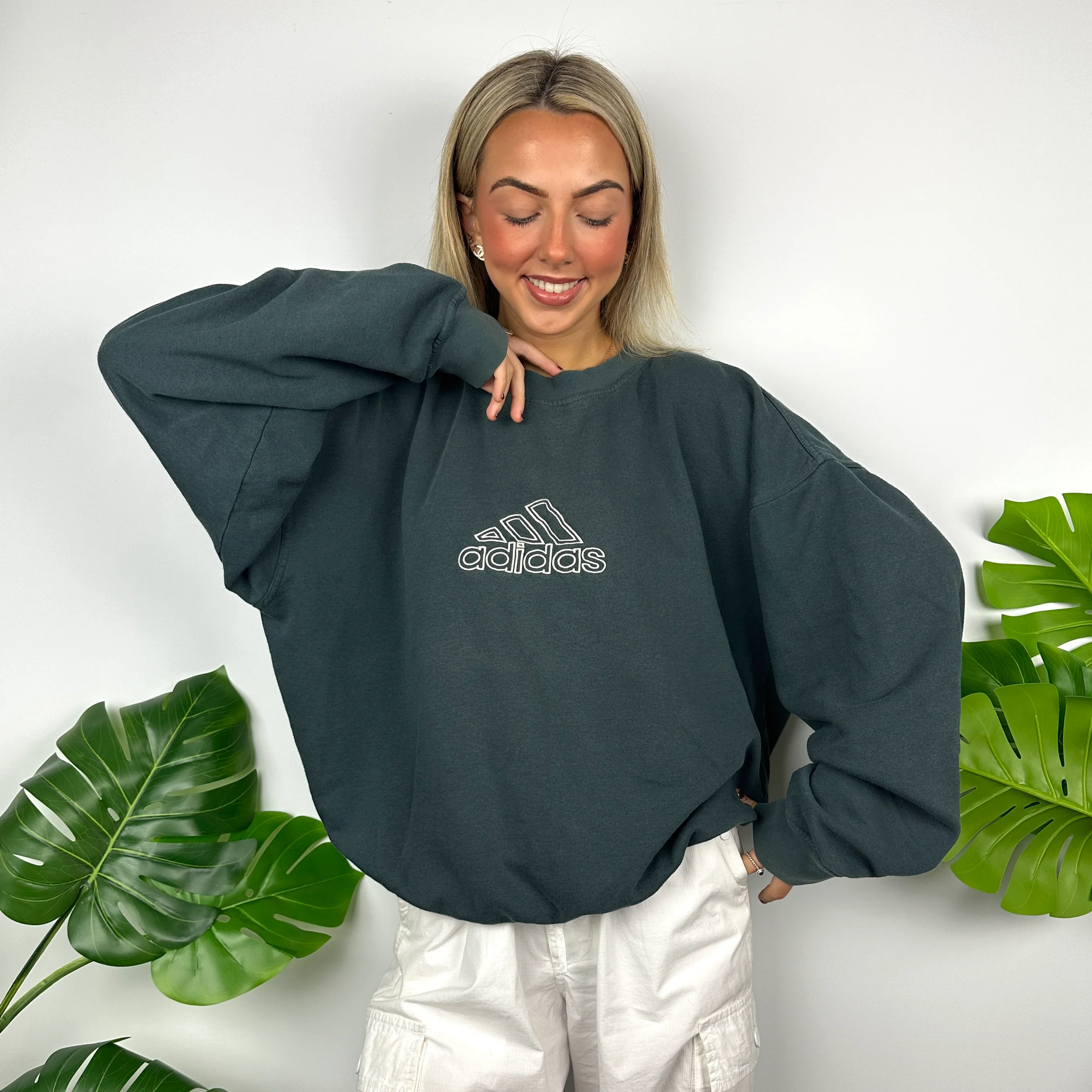 Adidas Green Embroidered Spell Out Sweatshirt (L) - Image 3