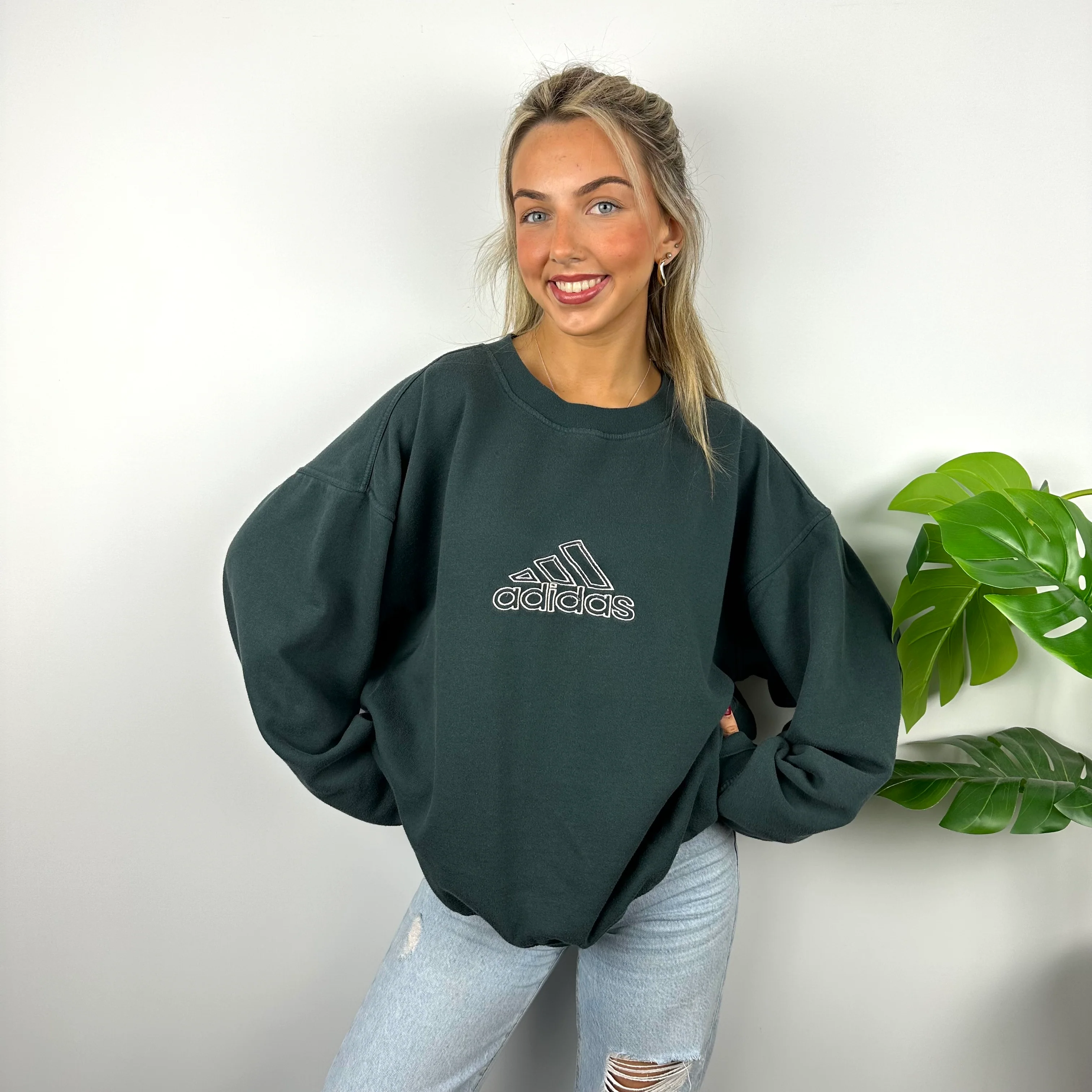 Adidas Phthalo Green Embroidered Spell Out Sweatshirt (L) - Image 4