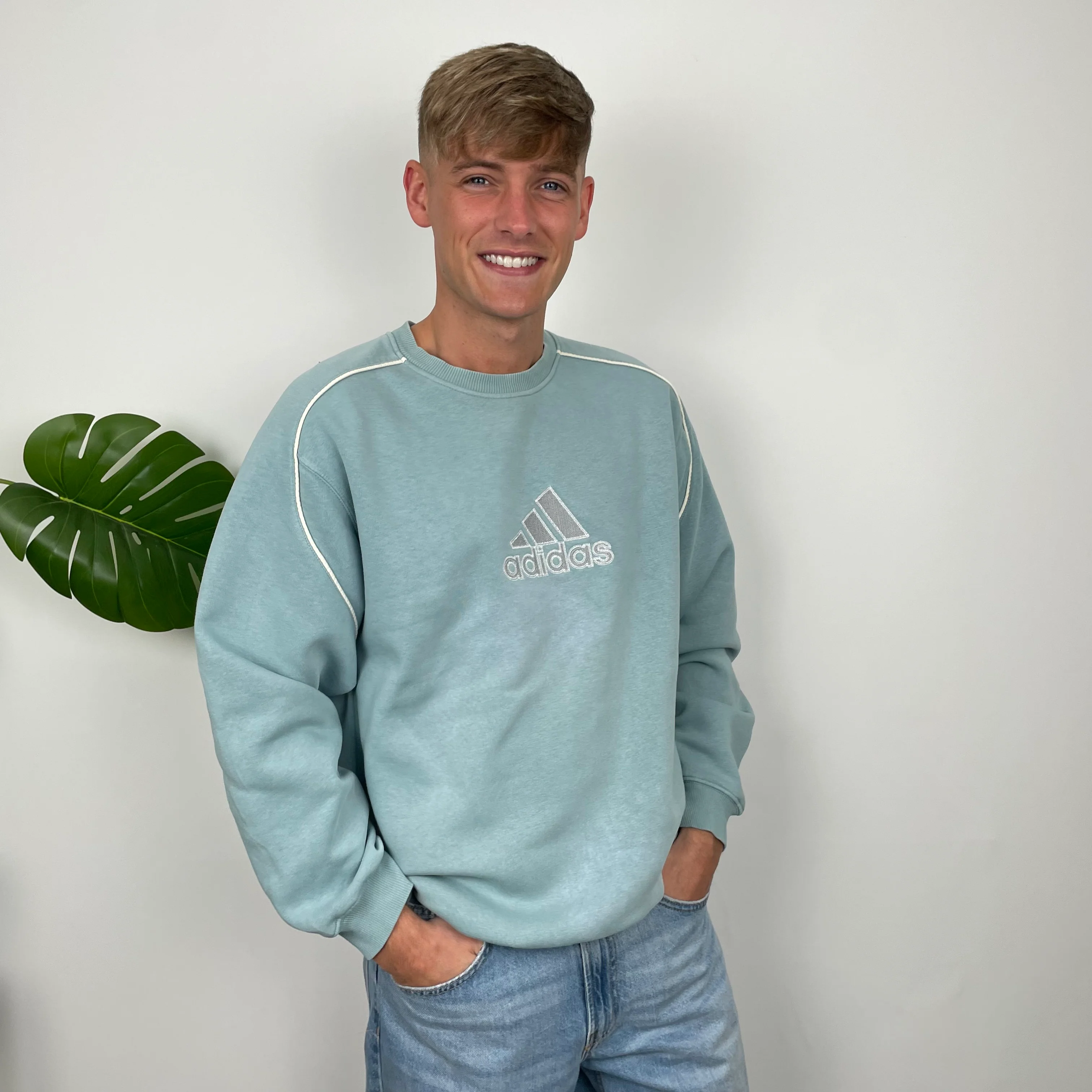 Adidas RARE Baby Blue Embroidered Spell Out Sweatshirt (XL) - Image 7
