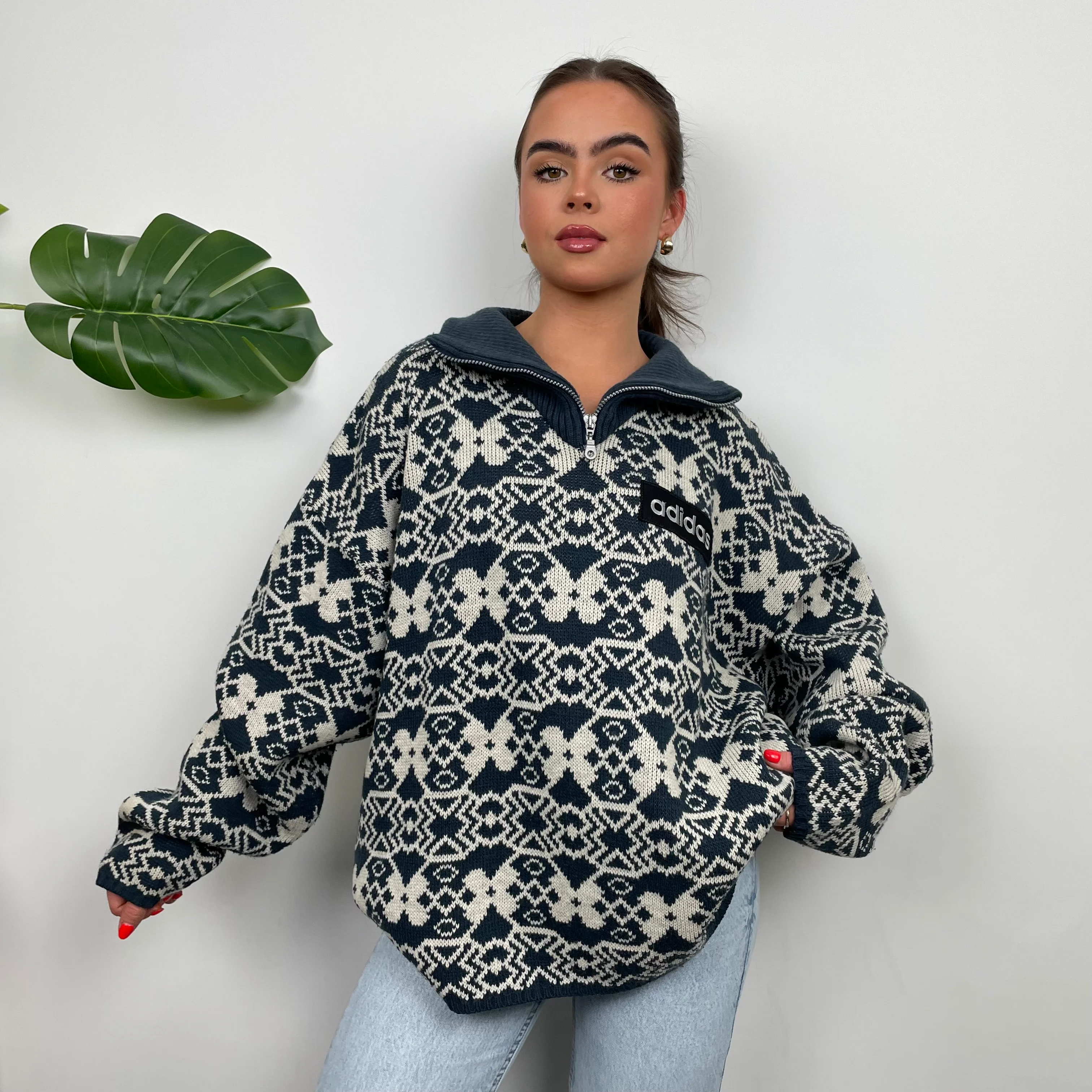 Adidas RARE Grey and Cream Embroidered Logo Quarter Zip Knitted Sweater (M) - Image 9