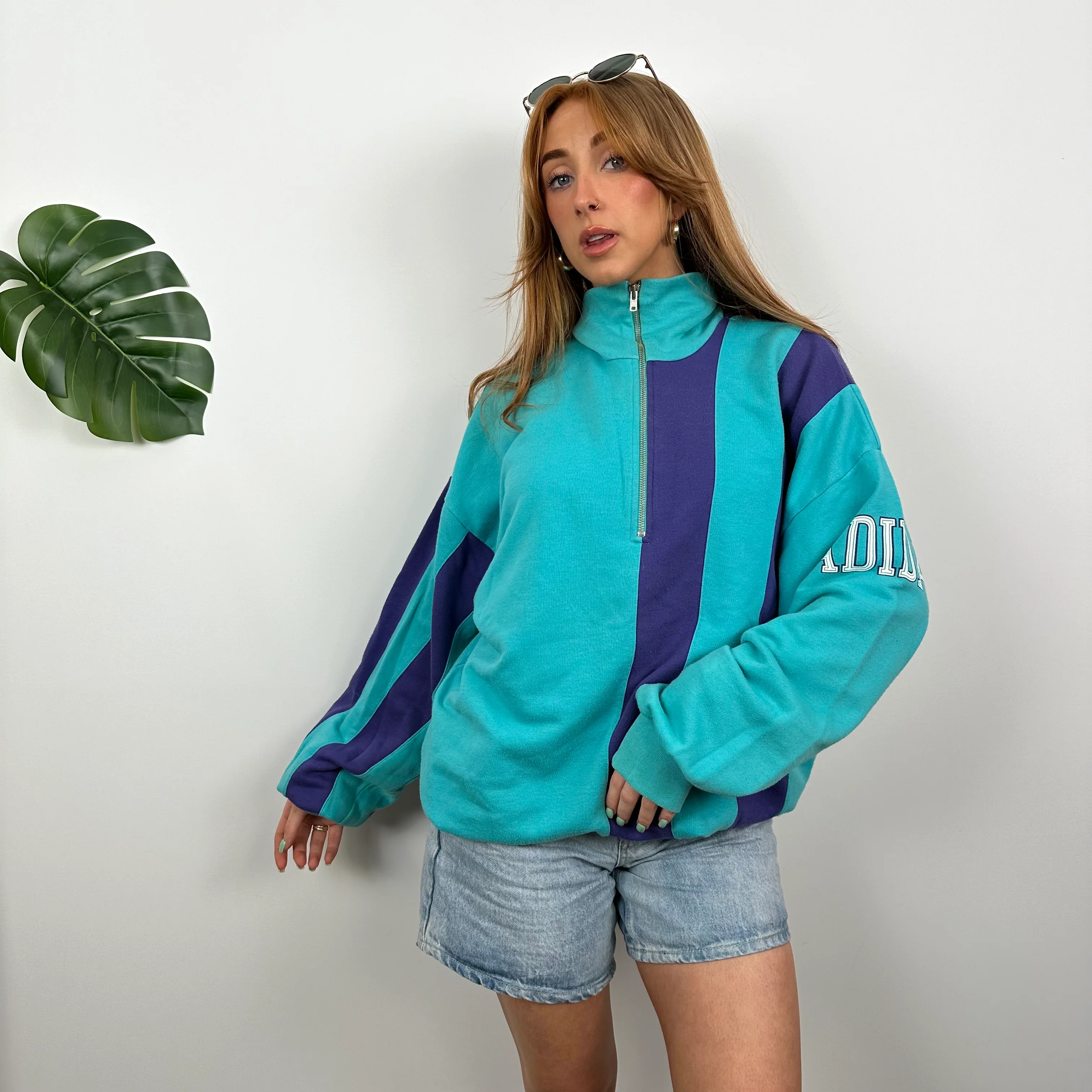 Adidas RARE Purple & Turquoise Blue Colour Block Embroidered Spell Out Quarter Zip Sweatshirt (M) - Image 3