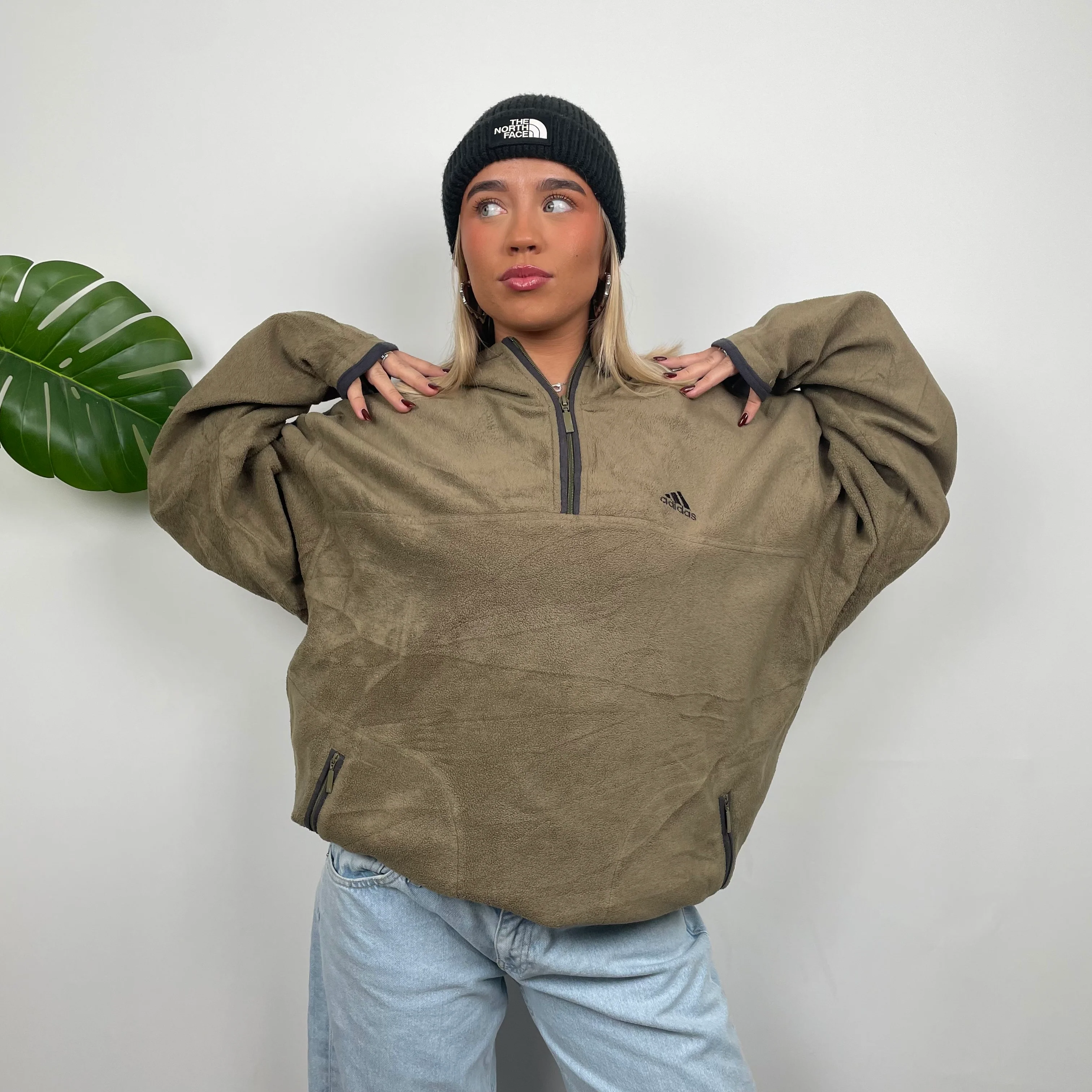 Adidas RARE Brown Embroidered Spell Out Teddy Bear Fleece Quarter Zip Sweatshirt (XXL) - Image 6