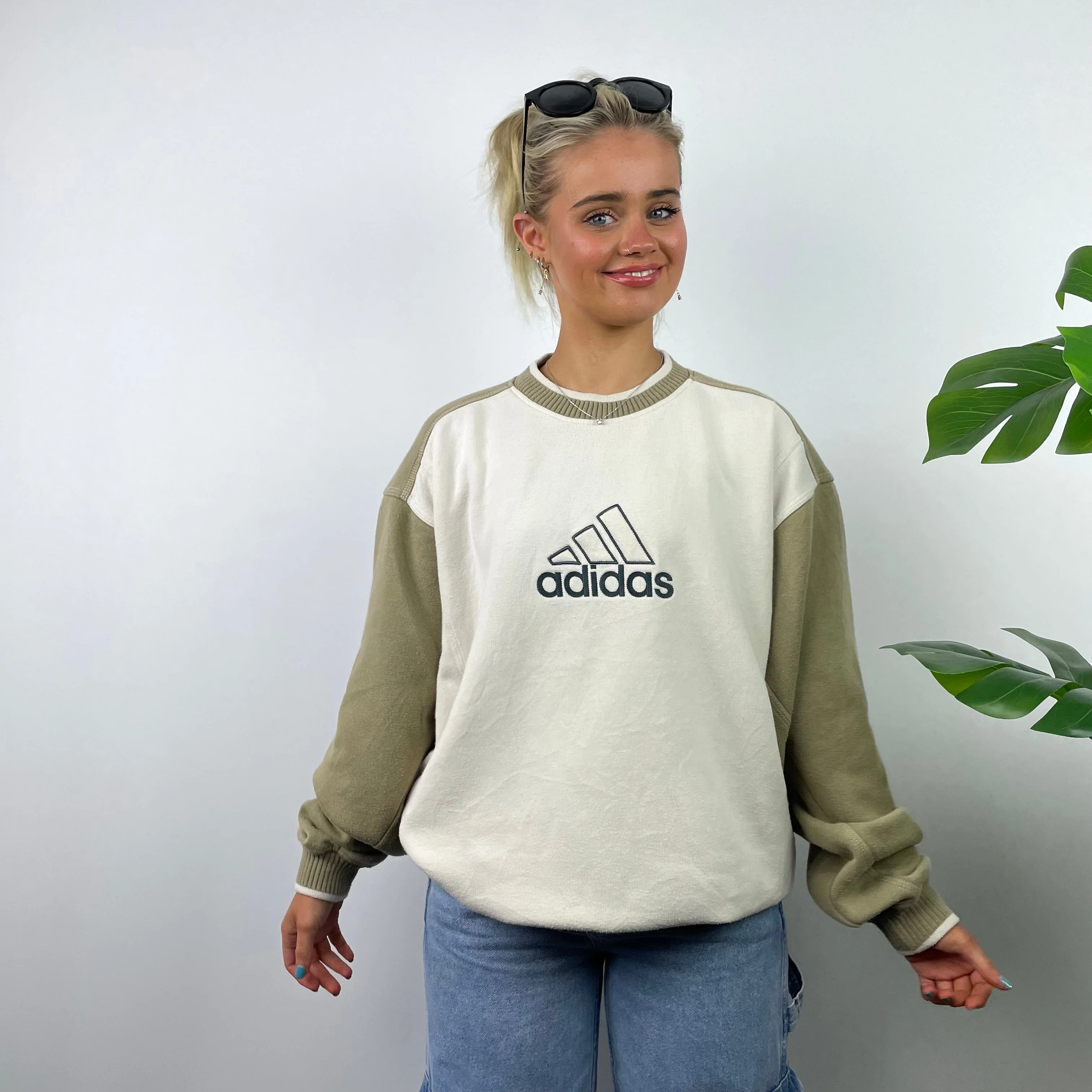 Adidas RARE Cream and Tan Brown Embroidered Spell Out Sweatshirt (M) - Image 2