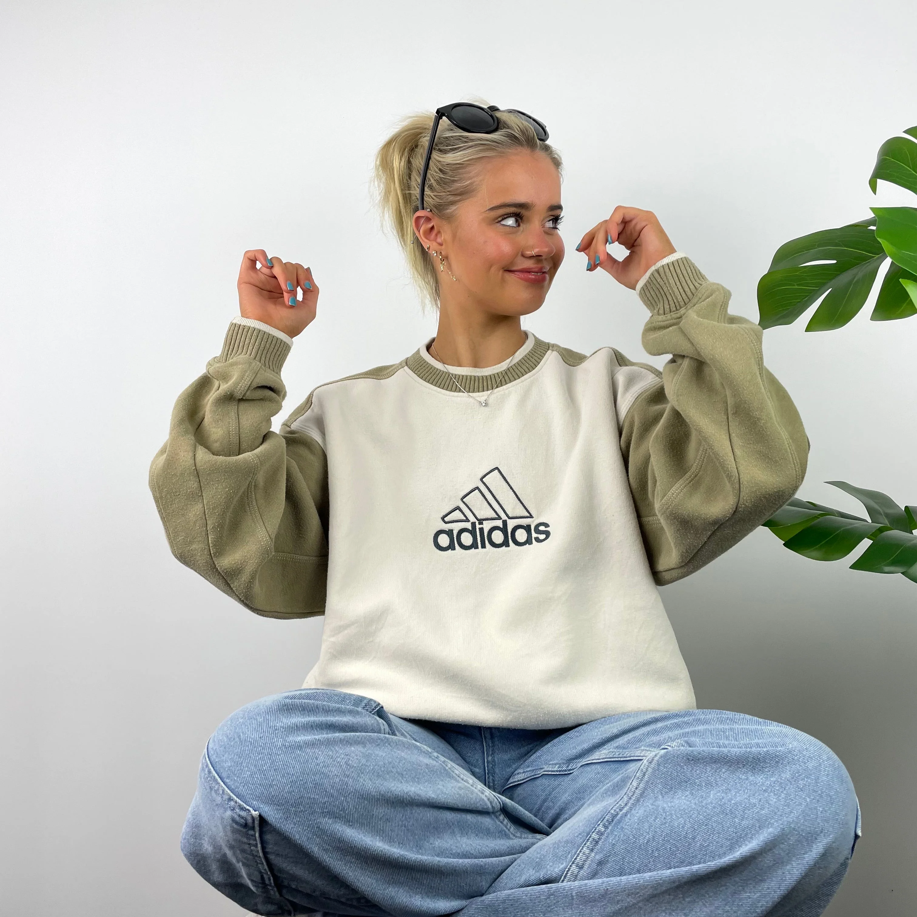 Adidas RARE Cream and Tan Brown Embroidered Spell Out Sweatshirt (M) - Image 3