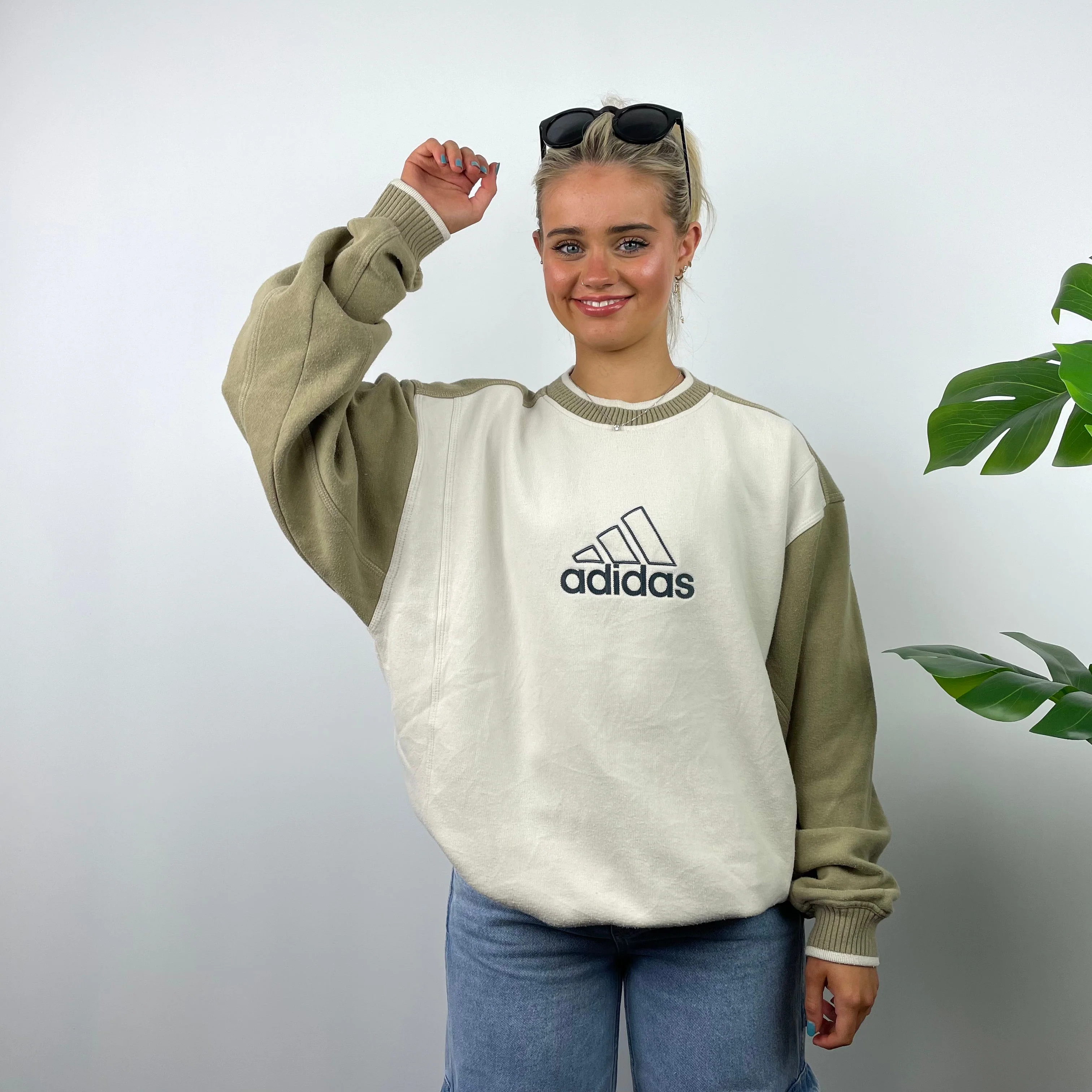 Adidas RARE Cream and Tan Brown Embroidered Spell Out Sweatshirt (M) - Image 4