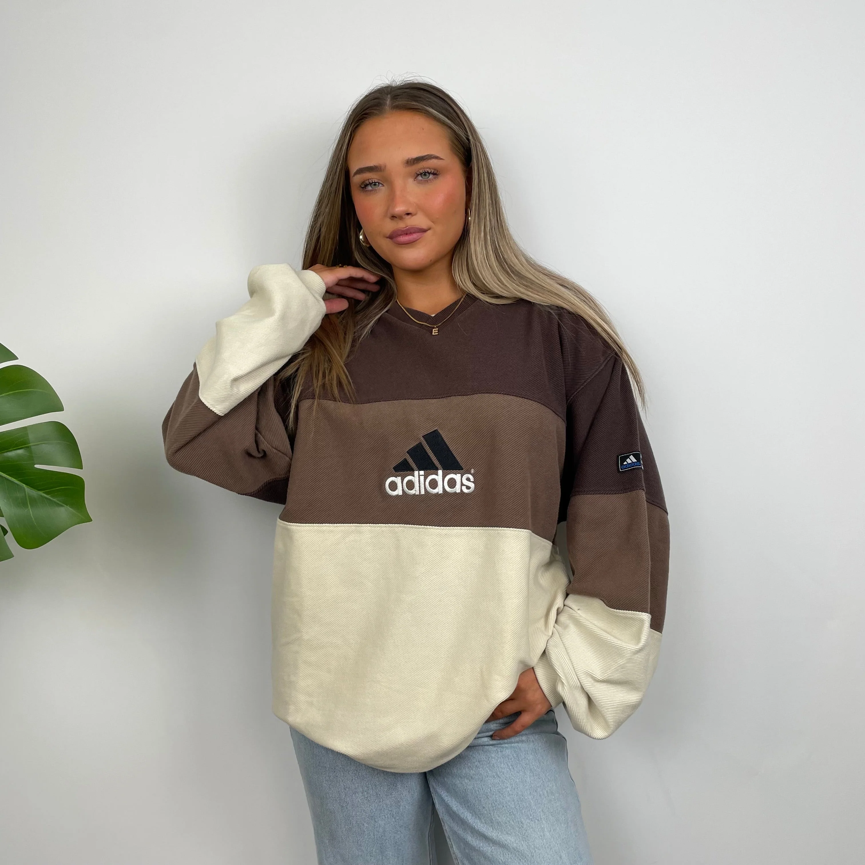 Adidas RARE Cream & Brown Colour Block Embroidered Spell Out Sweatshirt (XL) - Image 2