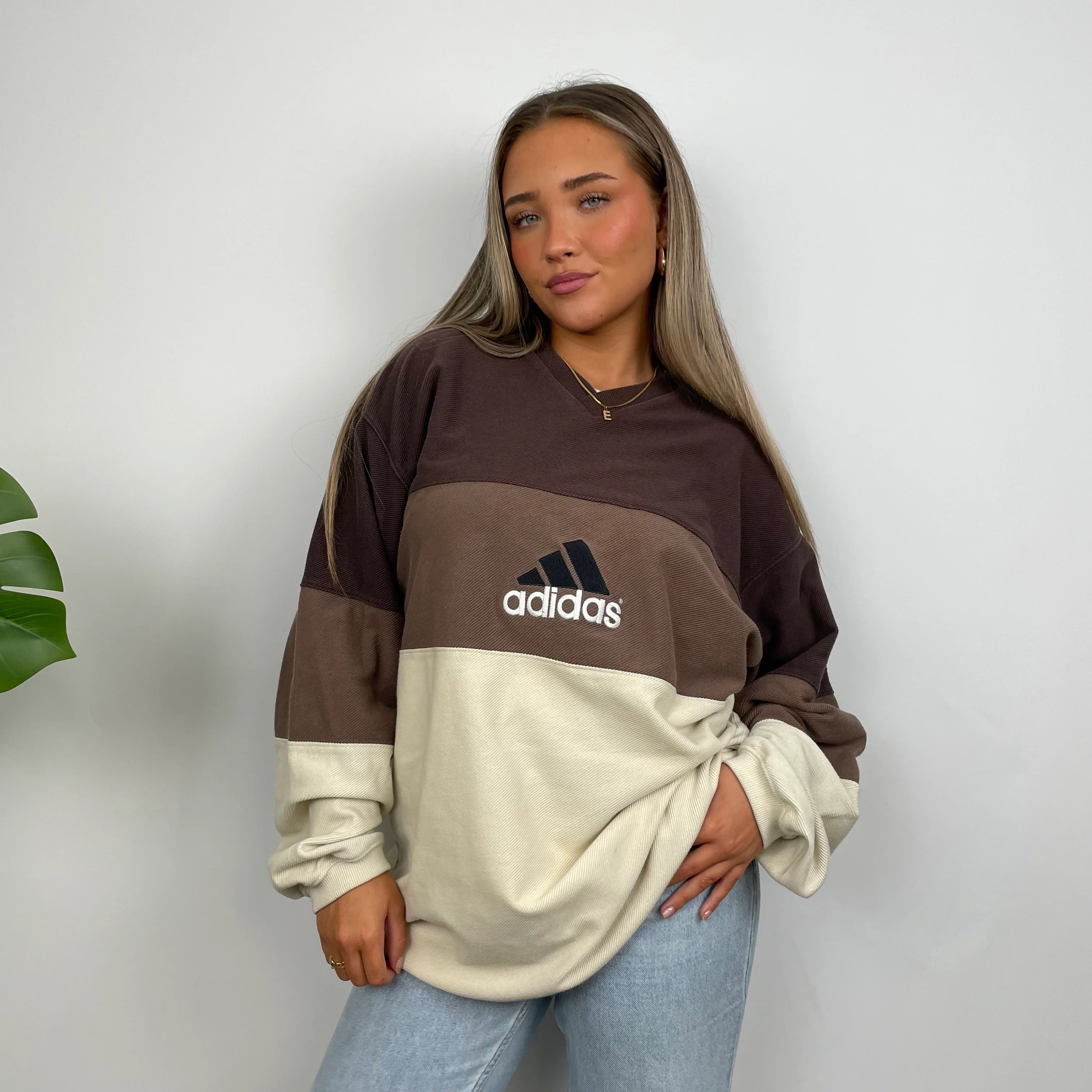 Adidas RARE Cream & Brown Colour Block Embroidered Spell Out Sweatshirt (XL) - Image 3