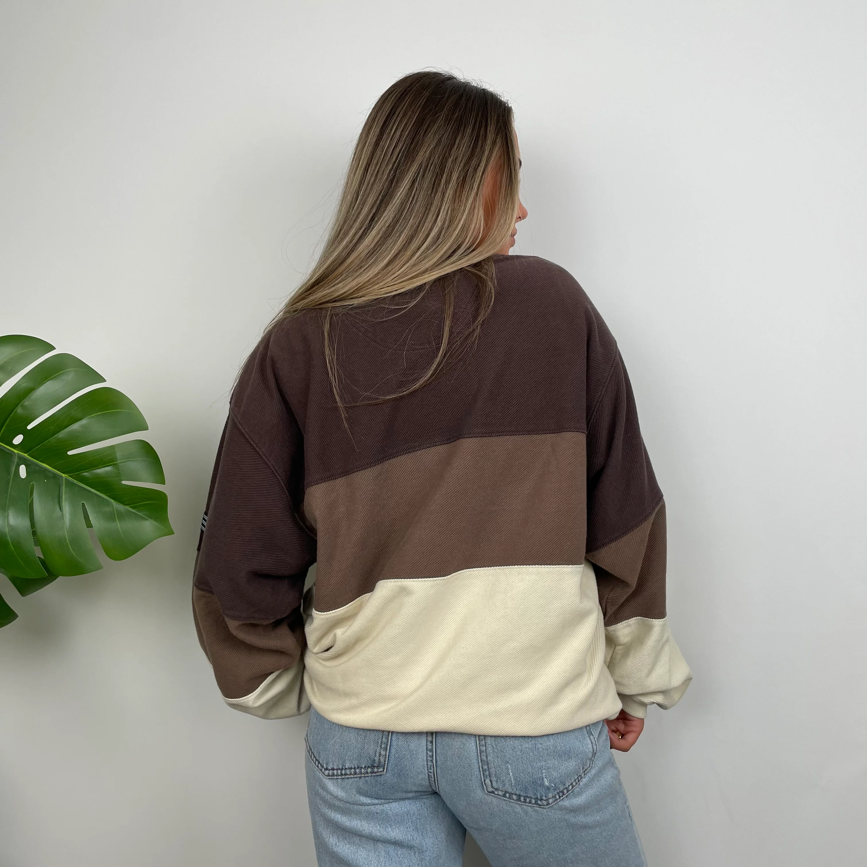 Adidas RARE Cream & Brown Colour Block Embroidered Spell Out Sweatshirt (XL) - Image 4