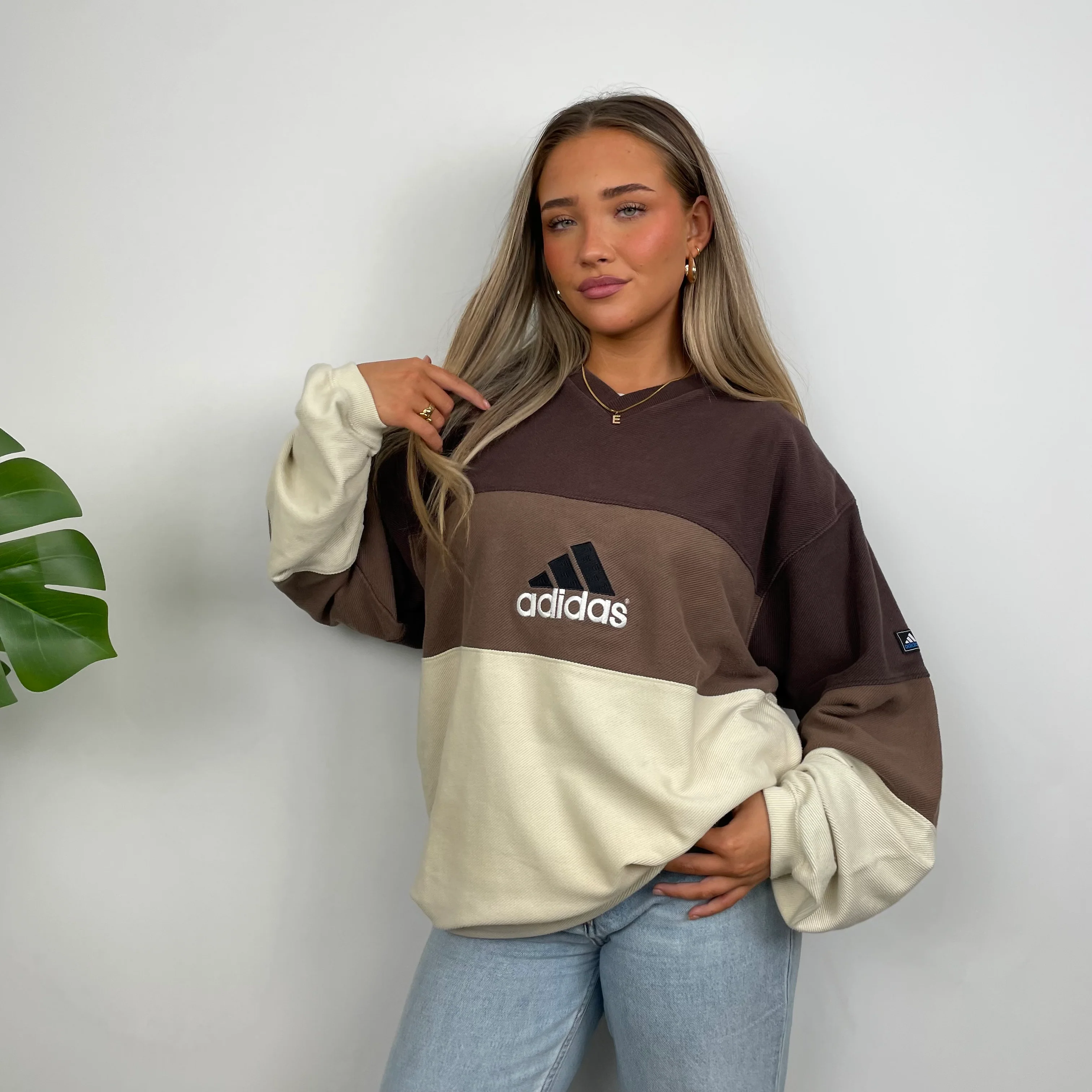 Adidas RARE Cream & Brown Colour Block Embroidered Spell Out Sweatshirt (XL) - Image 6