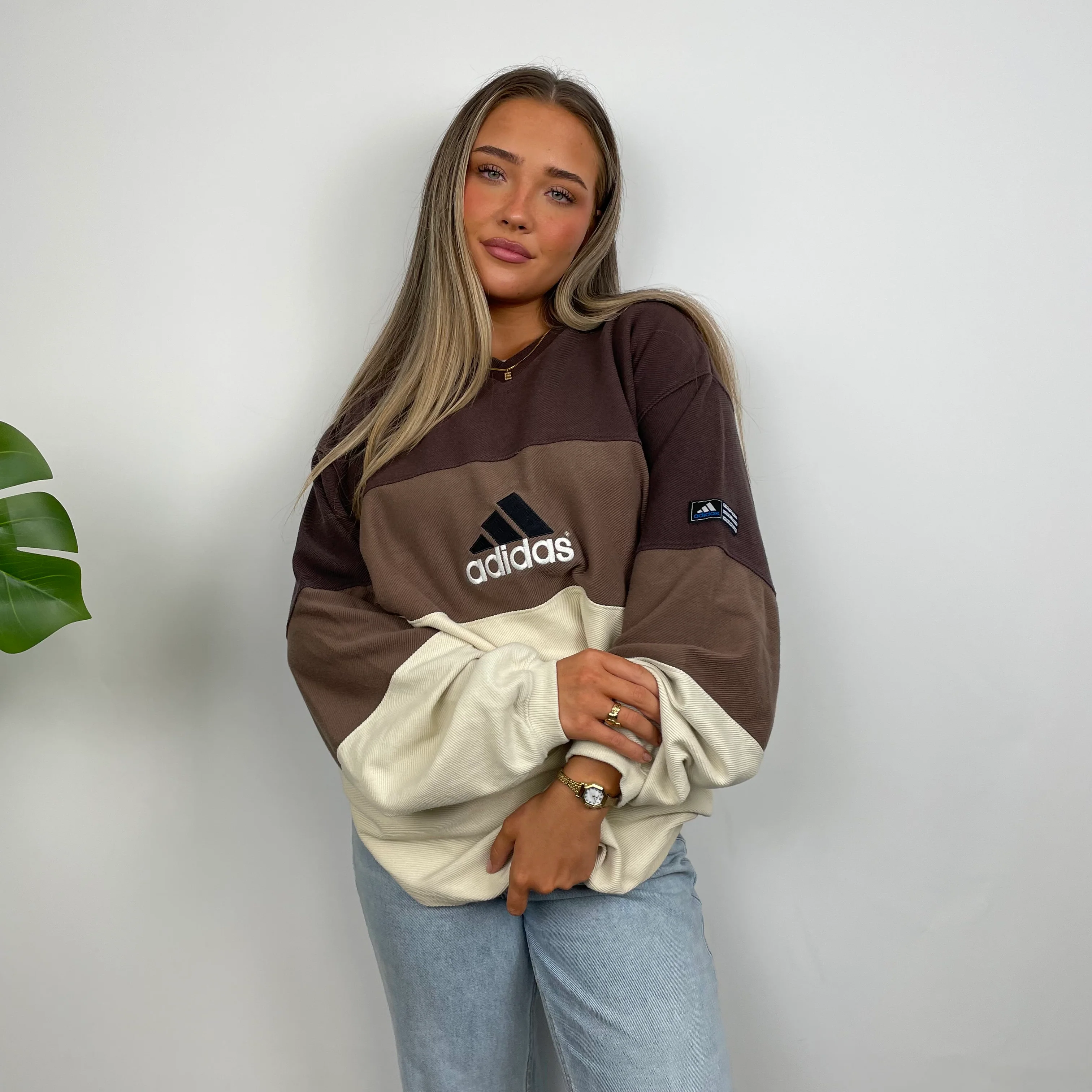 Adidas RARE Cream & Brown Colour Block Embroidered Spell Out Sweatshirt (XL) - Image 8