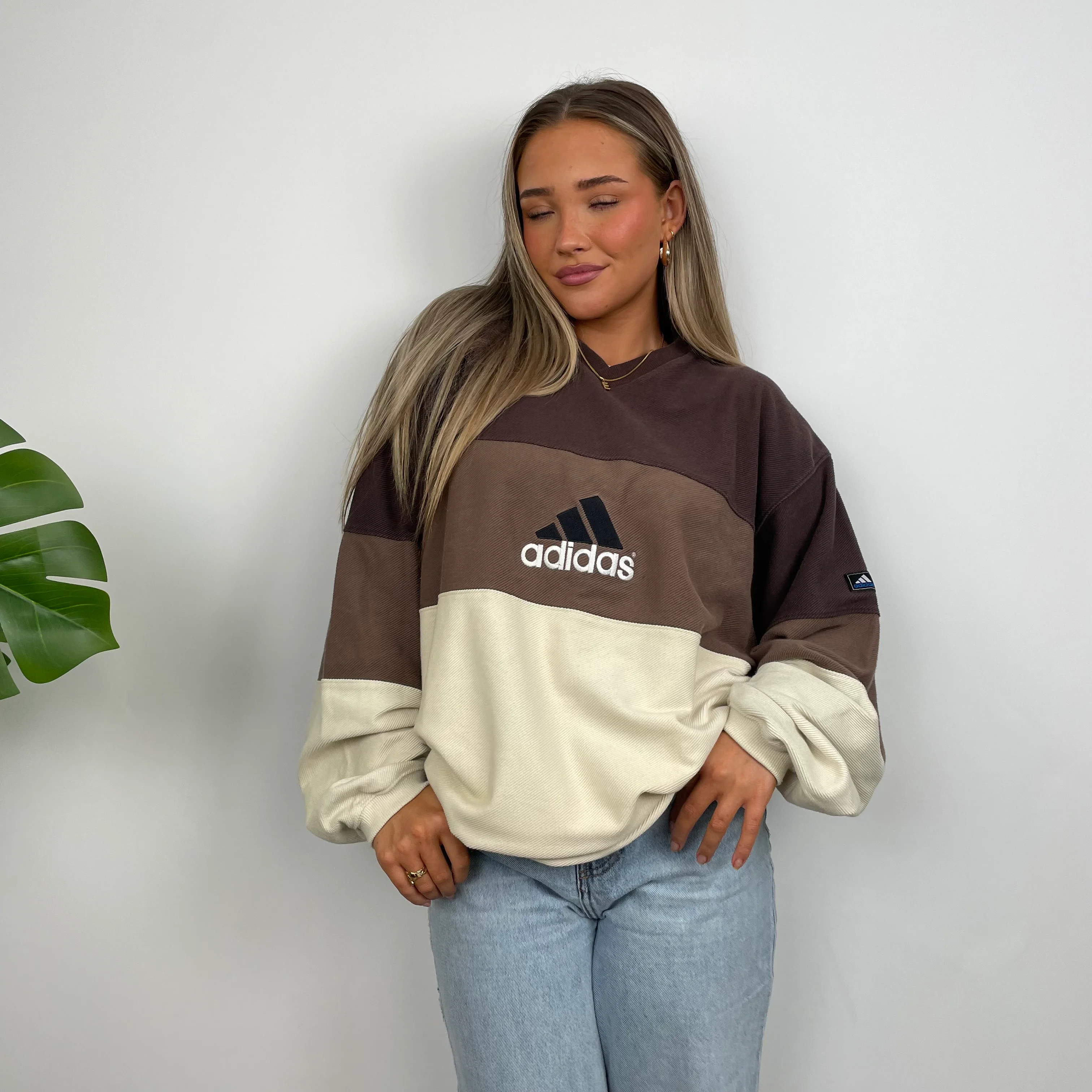 Adidas RARE Cream & Brown Colour Block Embroidered Spell Out Sweatshirt (XL) - Image 9