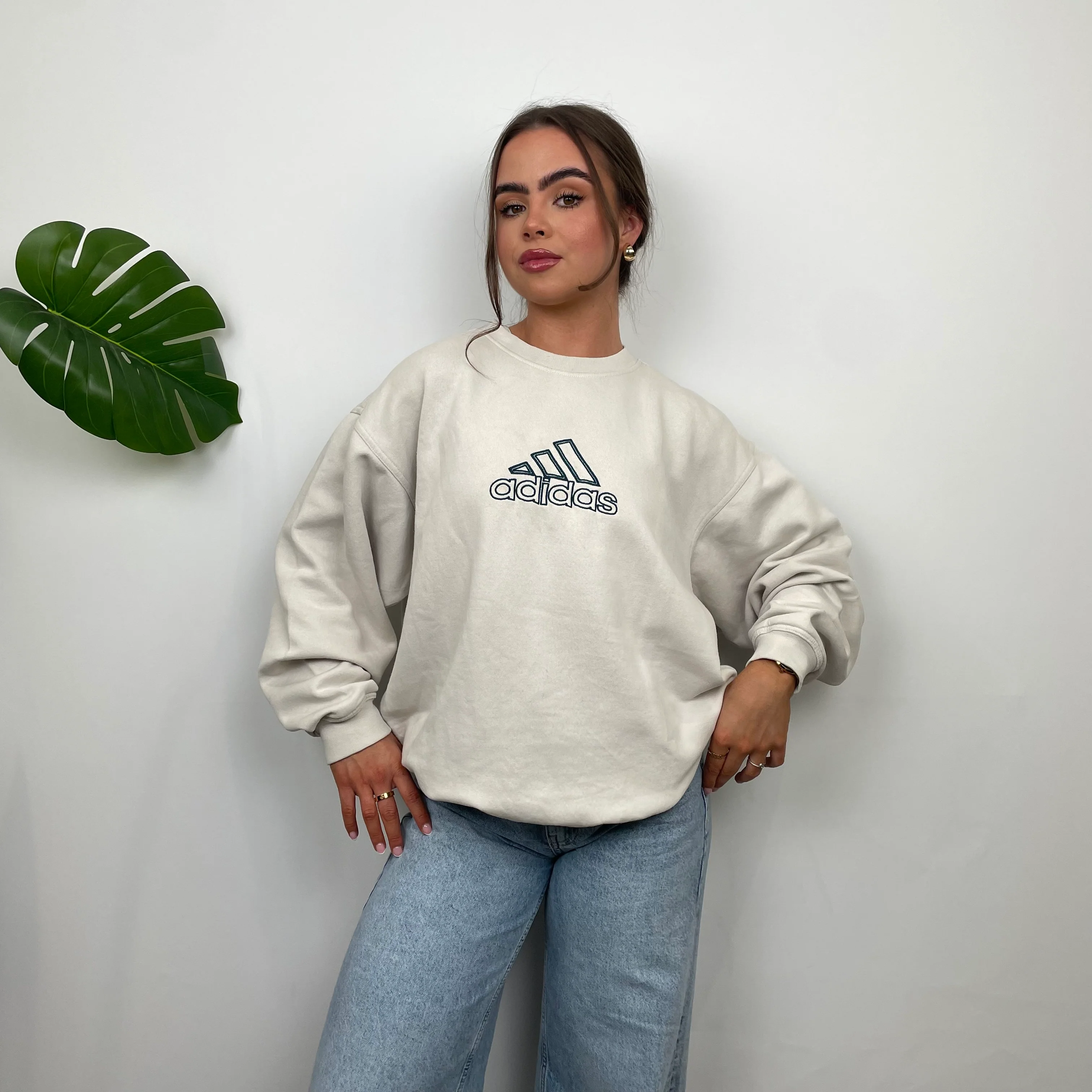 Adidas RARE Cream Embroidered Spell Out Sweatshirt (M) - Image 7