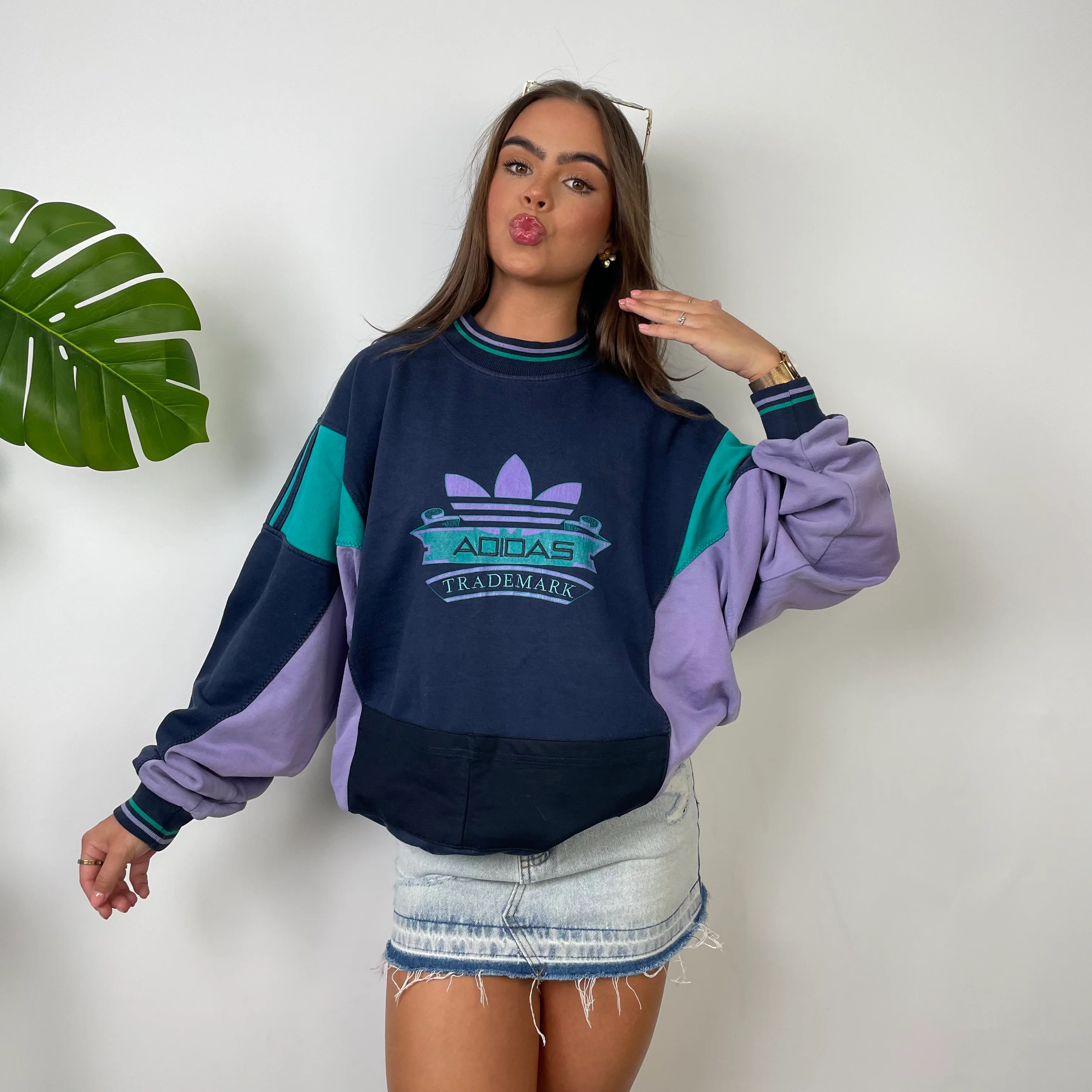 Adidas RARE Navy Colour Block Spell Out Sweatshirt (L) - Image 3