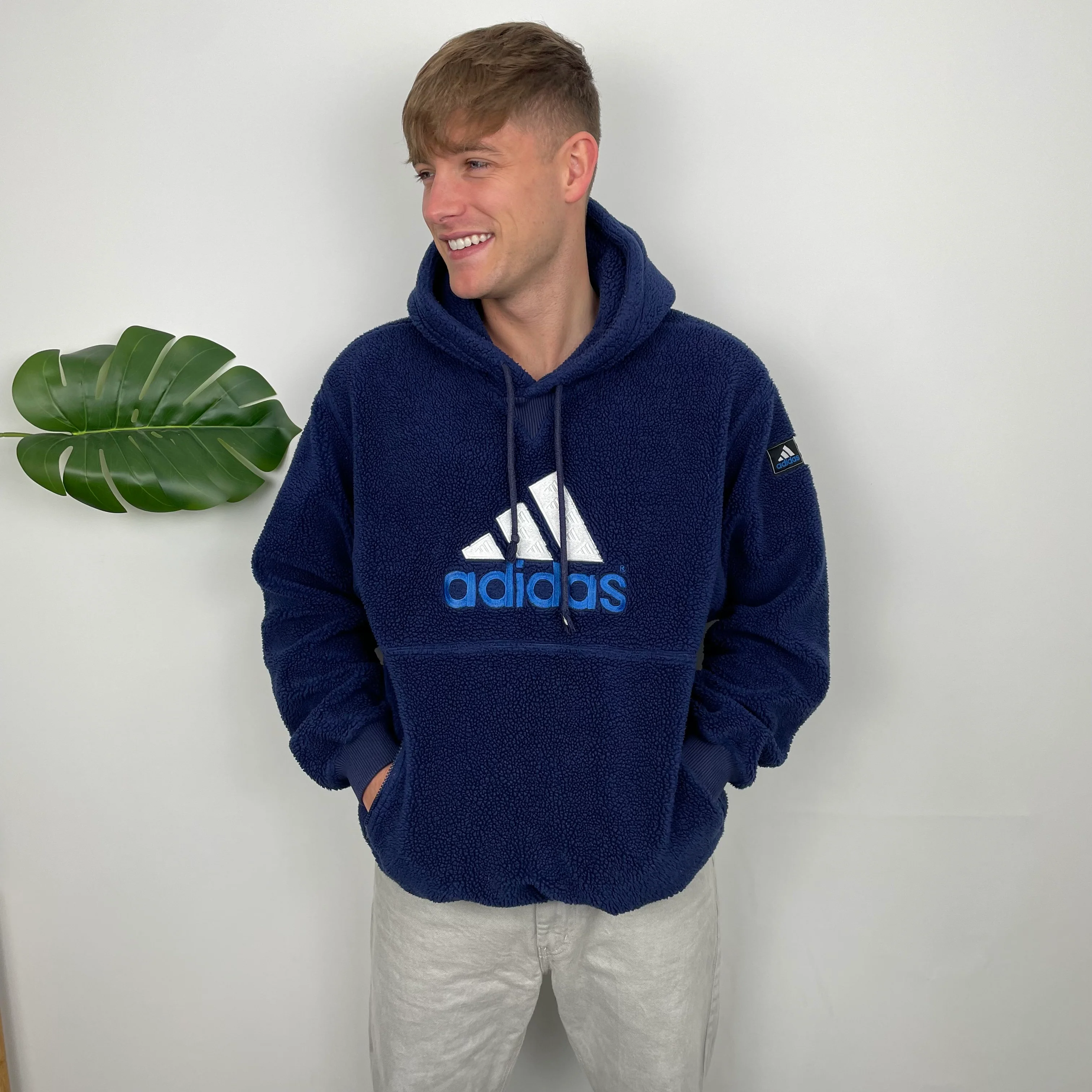 Adidas RARE Navy Embroidered Spell Out Teddy Bear Sherpa Fleece Hoodie (L) - Image 7